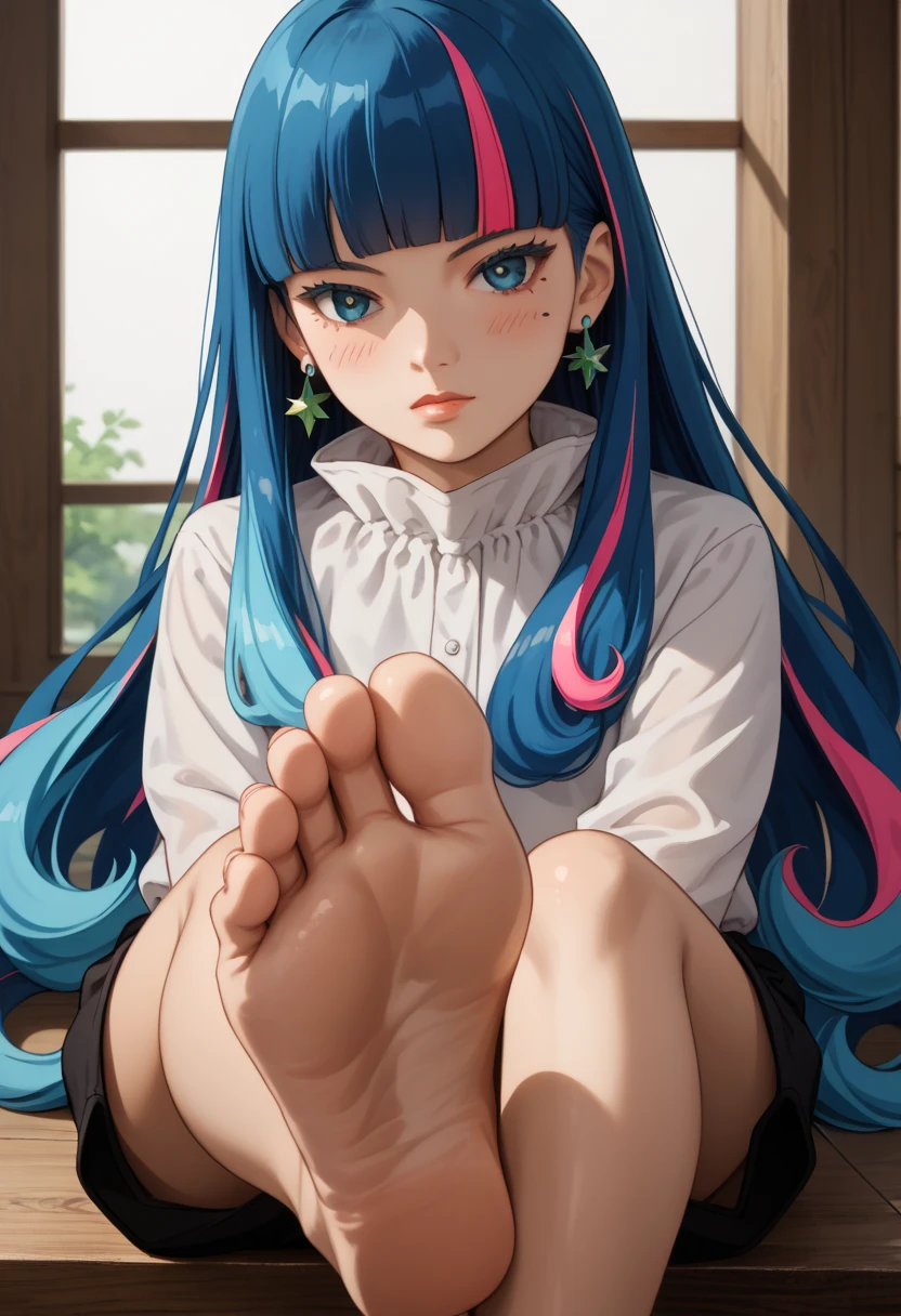 hiquality, hight resolution, ultra-detailliert, high-level image quality, hightquality, anime illustrated, (finely detailed beautiful eye: 1.2), Detailed eye depiction, (finely detailed eyes and detailed face:1.3), (extremely details CG, Best Shadow:1.1), Depth of field and blur, (Perfect Detail: 1.1) , digitial illustration, Enamel Art, Center, Watercolor painting, art stations, concept-art, character sheets, Lightning Wave, beautiful anime watercolors, Vibrant colors, Sharp Focus, art by:hyung tae kim, Fine detail, intricate detailes, Curvaceous body, Detailed eye depiction, Vibrant colors,((Nervous expression)) 1 girl, solo, purple eye, barefoot, closed mouth, left covering eye, bang covering left eye, hair on left eye, hair covered left eye, left eye hidden by hair, blue hair, simple background, looking at viewer, white t-shirt, two braids, bare shoulders, sitting, feet, bangs, toes,long sleeves, blush, blushing, bandages, soles, curly legs, ribbon on leg, long hair, shiny lips, shiny skin, scared, shiny hair, sunny day, dramatic lighting, official artwork, 8k, black mini shorts,