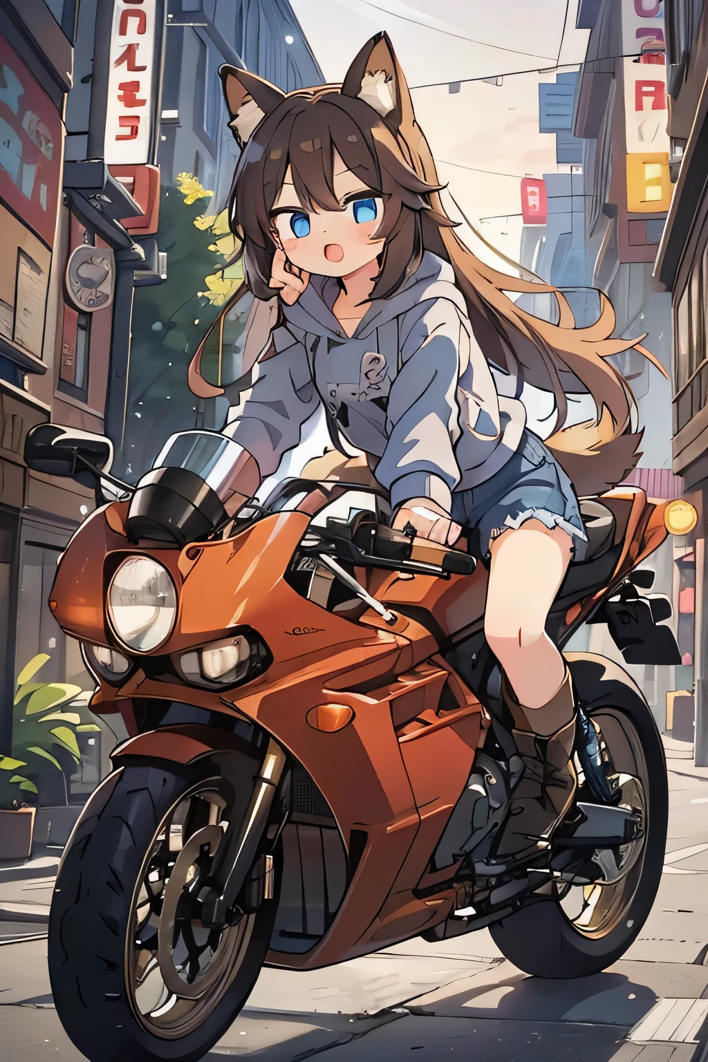  1 girl、 long hair、 blue eyes、 brown hair、Fox Ears、tail、Brown hoodie、 blue jeans 、 brown boots、whole body、