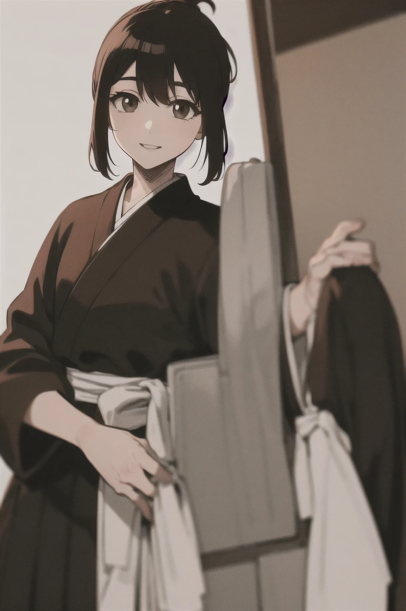 Masterpiece, top quality,
from the side 1 girl , romantic love, black hair, ponytail, Van Cover, brown eyes, kimono, Black Hakama, black kimono ,white sleeveless coat
smiling, Alone, is looking, simple background, white background