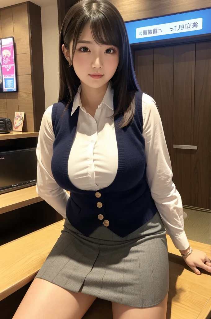 Asian woman from Arafed posing for a photo wearing a skirt and blue jacket, japanese goddess, sitting on the desk, Yoshitomo Nara, sakimichan, 8K)), attractive pose, on the desk, Business service, japanese model, korean girl, [32k HD]^10, Jacket with plenty of cleavage