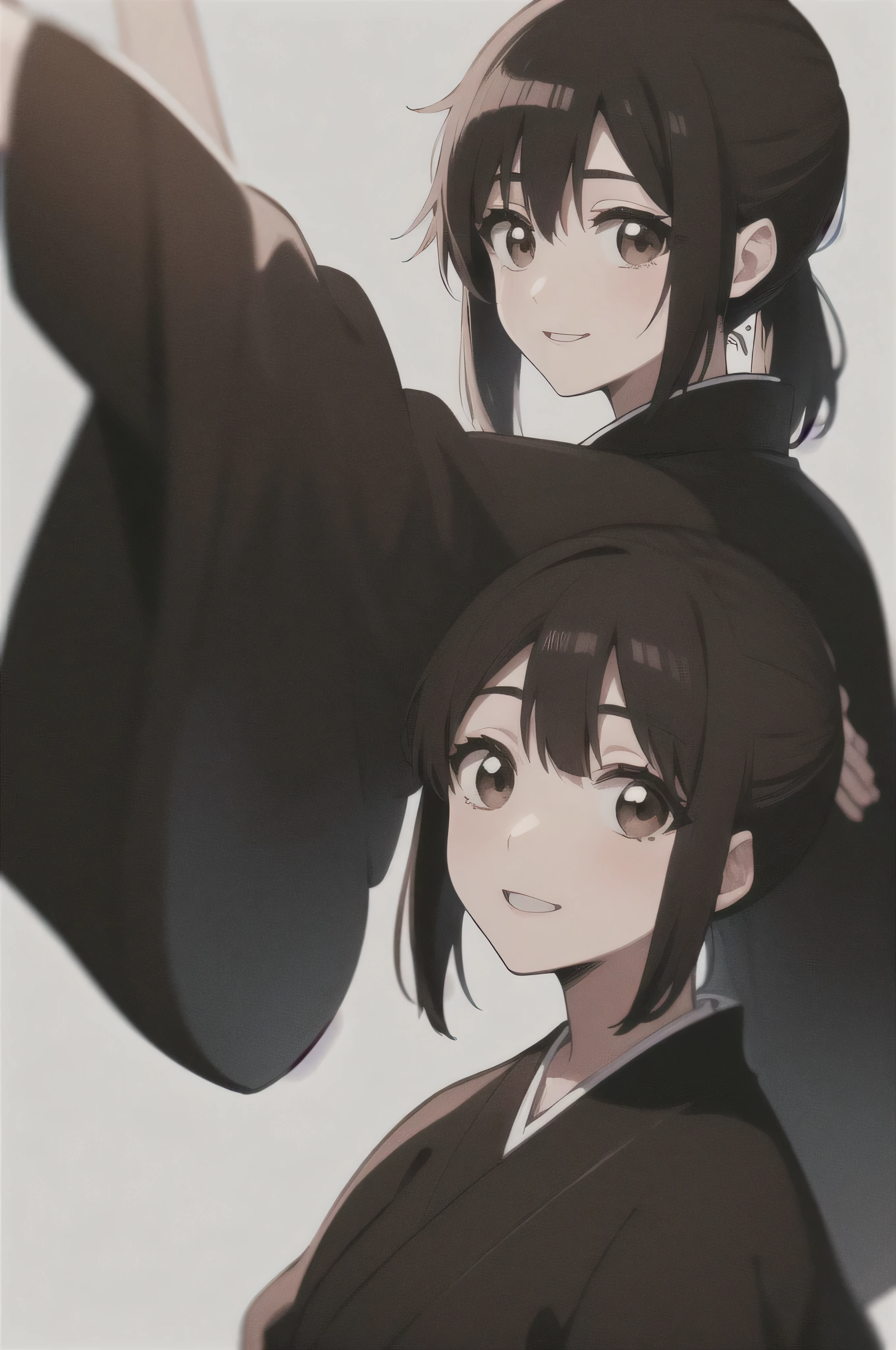 Masterpiece, top quality,
from the side 1 girl , romantic love, black hair, ponytail, Van Cover, brown eyes, kimono, Black Hakama, black kimono ,white sleeveless coat
smiling, Alone, is looking, simple background, white background