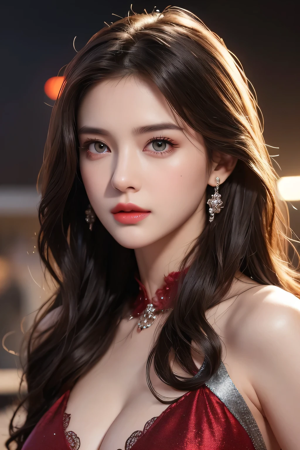 High-quality work,Realistic works,Super premium graphics,8K HD CG works,high quality graphics,High-definition and exquisite CG works,10x pixels,Ultra-fine details:1.1,Advanced technical details:1.1Realistic photo effects,Interior lighting effects:1.5,natural soft light:1.5. Light effect(Virtual light effects:1.8),ultra high resolution,shining dress,sliver long hair,silber hair,transparenthair,high detailed hair(Quality hair details:1.1)Clear eyes,Double eyelids look good,Sharp eye makeup, Create exquisite eyelash makeup, tthin eyebrows, Ultra-detailed eyes,a tall nose, lovely red lips, rosey cheeks, With delicate makeup on her face , pretty face, The face shape is perfectly proportioned,(Advanced facial details:1.1)1girl, Extremely beautiful, amazing face and eyes, extremely detailed beautiful face, SLIGHTLY LONG CHIN, thin lips, Korean beauty), (Ultra realistic), (highly detailed eyes, highly detailed hair, highly detailed face, highly detailed plump lip, slim body, breasts, dynamic action, sexy pose, upper and lower body, erotic face (best quality:1.4), Raw photo, (realistic, photo-realistic:1.4), professional photography, cinematic light, showa idol on stage, stage lighting, devilish eyes, stars and glitter, black tutu dress, devil wings and red eyes, shiny skin, breastsWomen's artwork,Dress full body video,Realism,Amazing Cleavage,My eyes are very bright today