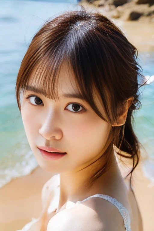 8K, (超Realistic: 1.35), (Realistic: 1.4), One personの美しい日本人の女の子, smile, One person, light makeup, masterpiece, 超High resolution, High resolution, One person, 、((Perfect body)), ((Best image quality)), ((time)), ((Very delicate and beautiful)), ((Very shallow depth of field)), Hmph, ((Incredibly shallow depth of field. Familiar)), (((Very delicate and beautiful))), (((Very shallow depth of field))), Hmph, (((Unbelievably absurd))), (((Perfect body))), (((Looking at the camera)))), (((Normal size breasts))), (((Serious face))), (((Hair can be long or short))), myself+background, Dynamic Angle, Focus on women, {Particles of light}、 詳細なbackground、((Paul Hedley))、Soft lighting、(dramatic)sunset、sunset、とても美しいsunset、Live Action、Genuine、Top Angle、かわいいsmile、(backgroundぼかし)、18-year-old、thin、((Wind))、((Movement))、((emotion))、((colorful))、((Baby Face))、((Beautiful Teeth))、穏やかな海のbackground、Blue clothes、The whole body is visible、lace underwear with small area