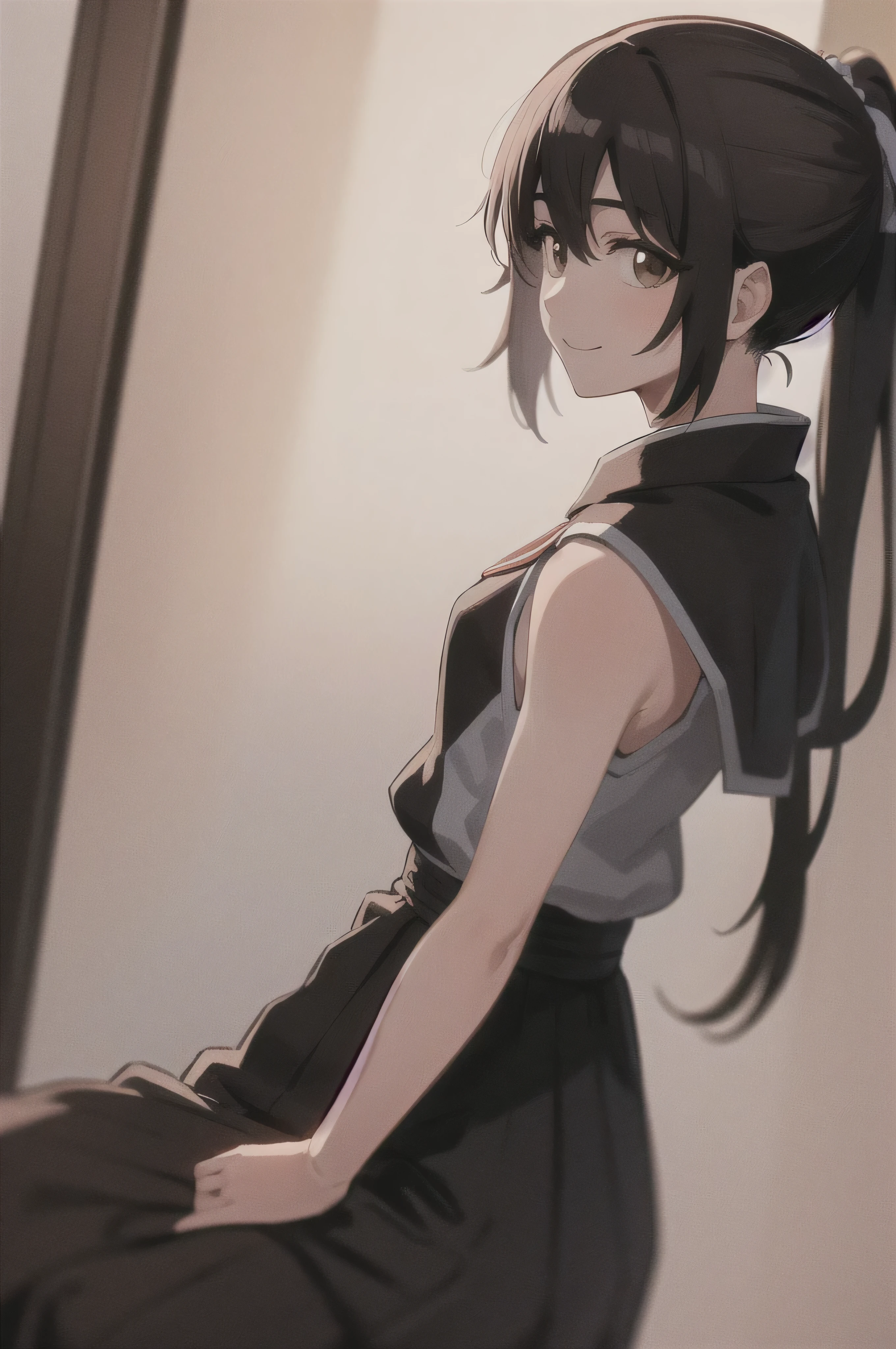 Masterpiece, top quality,
from the side 1 girl , romantic love, black hair, ponytail, Van Cover, brown eyes, kimono, Black Hakama, black kimono ,I'm wearing a white sleeveless coat
smiling, Alone, is looking, simple background, white background