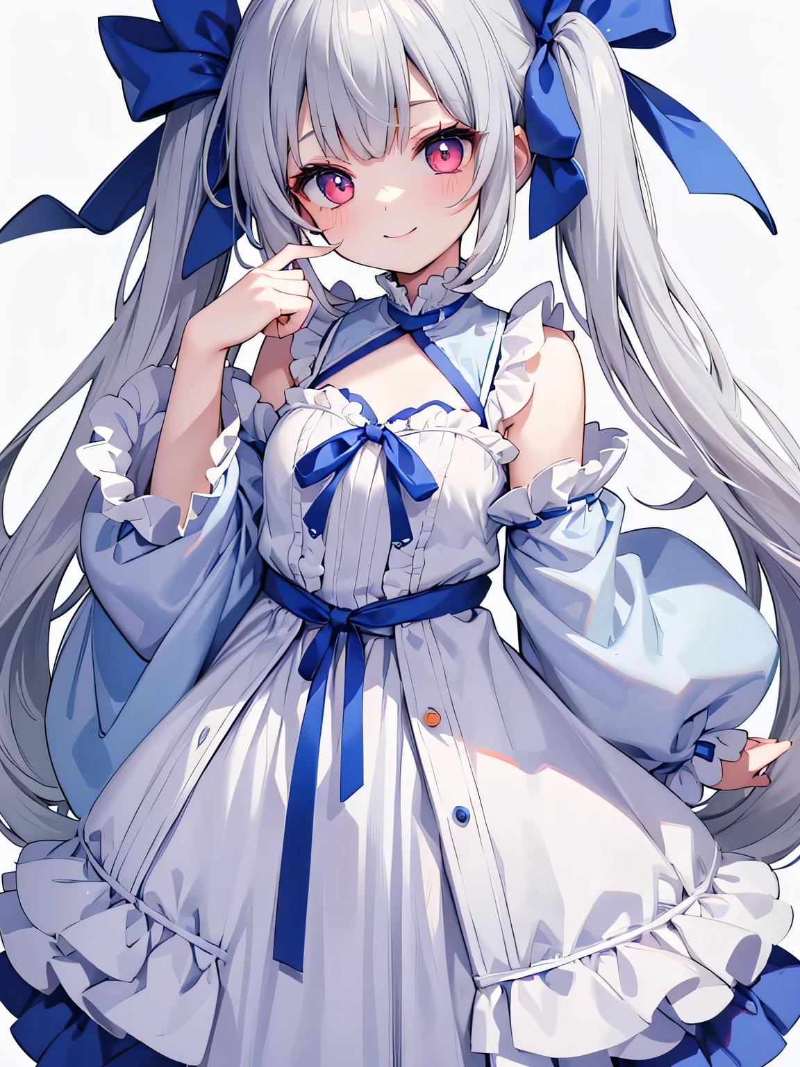 Purelos Face_v1:0.24, Highest quality, Realistic, 8K, High resolution, 1 Girl, , (Skin dents), (Portraiture), ((Simple Background:1.62)), Full Color, ((Big round breasts,Frills)), Look directly at the viewer:1.8, (1 Girl eyes looking at viewer:1.55), (Long-length hair, Silver Hair, Two Side Up,Straight bangs:1.45,Pink Eyes), (Bokeh),Watching the audience,Open Mouth Smile,Sparkling Eyes,Cute pose,Sparkling Eyes,Ultra HD,Front shot,whole body,Full Body,Ultra HD