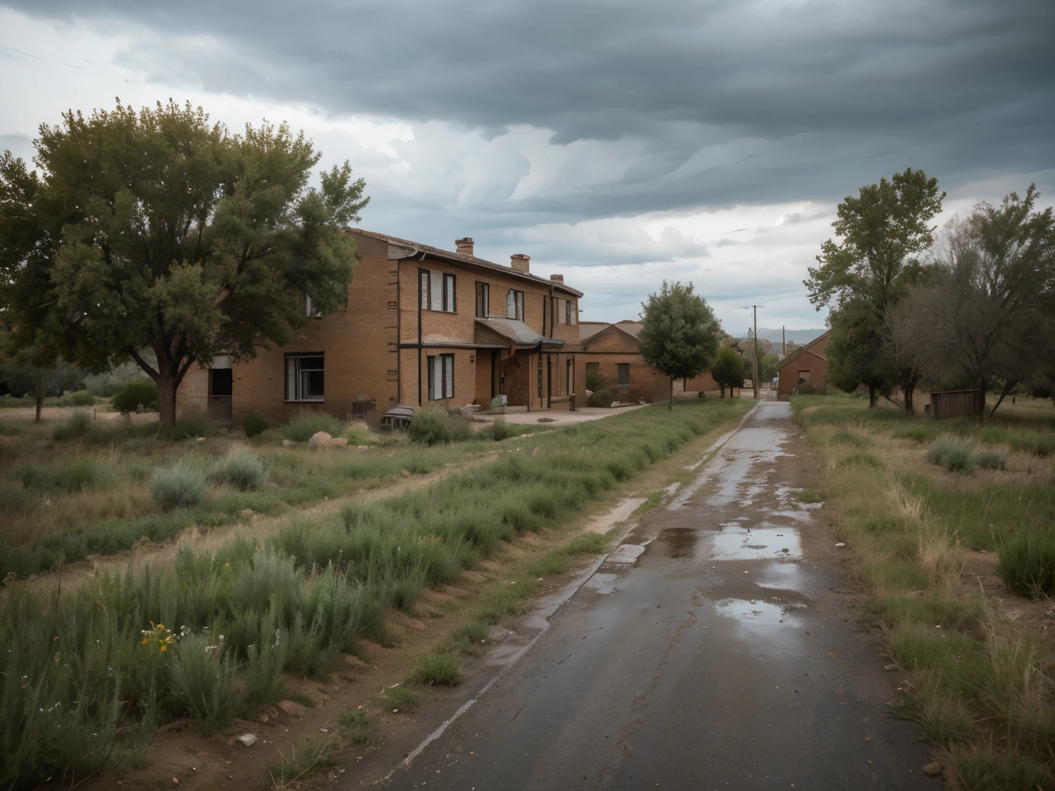 an old and dirty red brick building with two floors high ,  with chipped walls in an arid field with some trees next to a county road on a dark and rainy day