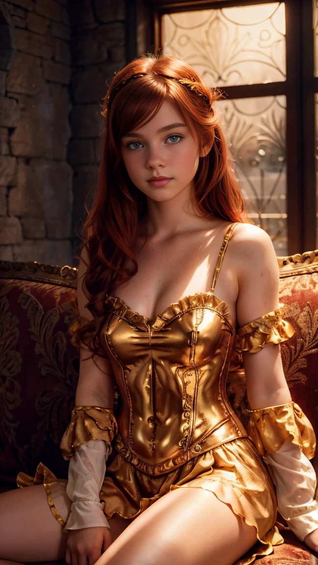 ((  lift full body illustration)),((   high resolution)), ((Univers Steampunk  )), ((pale skin)),   freckles, ((long, wavy red hair  )),  ((18 years))   girl :1.6, ((  Beautiful   girl :1.6)),with blue eyes,   cheeks blush  , Smiling, ((Middle Ages )),((Sits on a fine sofa from the Middle Ages)), ((short medieval dress)),((shows her panties)),((Elegant Pose)),((  Masterpiece  )),((cinematic)),((   high resolution))