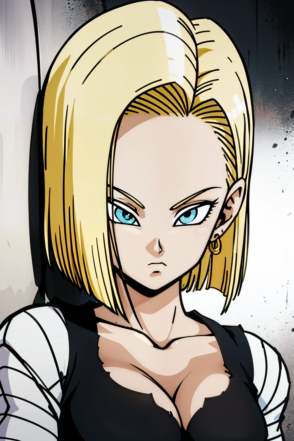  Masterpiece ,  detailed face, 
Android 18,  Buu-Saga , ,  1 girl, Alone, Is looking directly at the observer,   short hair,  blue eyes, blonde hair,  collarbone , cleavage, Creolen, black bodysuit