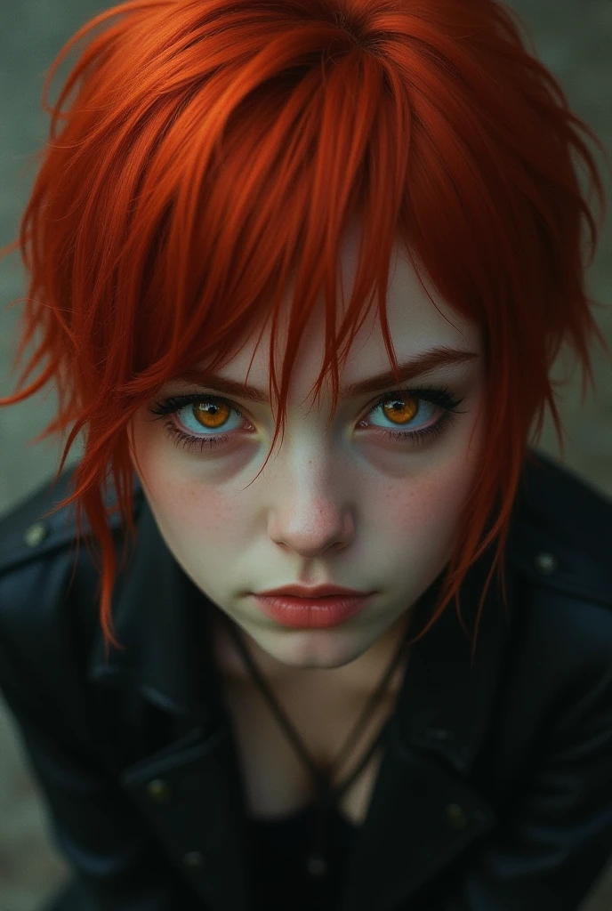 human boy, wolf hybrid, short red hair, wolf ears, left eye white right eye red, scar over left eye, has earrings, serious and teenage face.