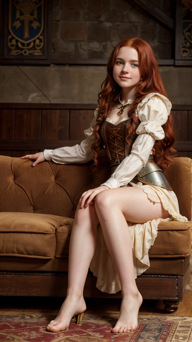 ((  lift full body illustration)),((   high resolution)), ((Univers Steampunk  )), ((pale skin)),   freckles, ((long, wavy red hair  )),  ((18 years))   girl :1.6, ((  Beautiful   girl :1.6)),with blue eyes,   cheeks blush  , Smiling, ((Middle Ages )),((Sits on a fine sofa from the Middle Ages)), ((short medieval dress)),((shows her panties)),((Elegant Pose)),((  Masterpiece  )),((cinematic)),((   high resolution))