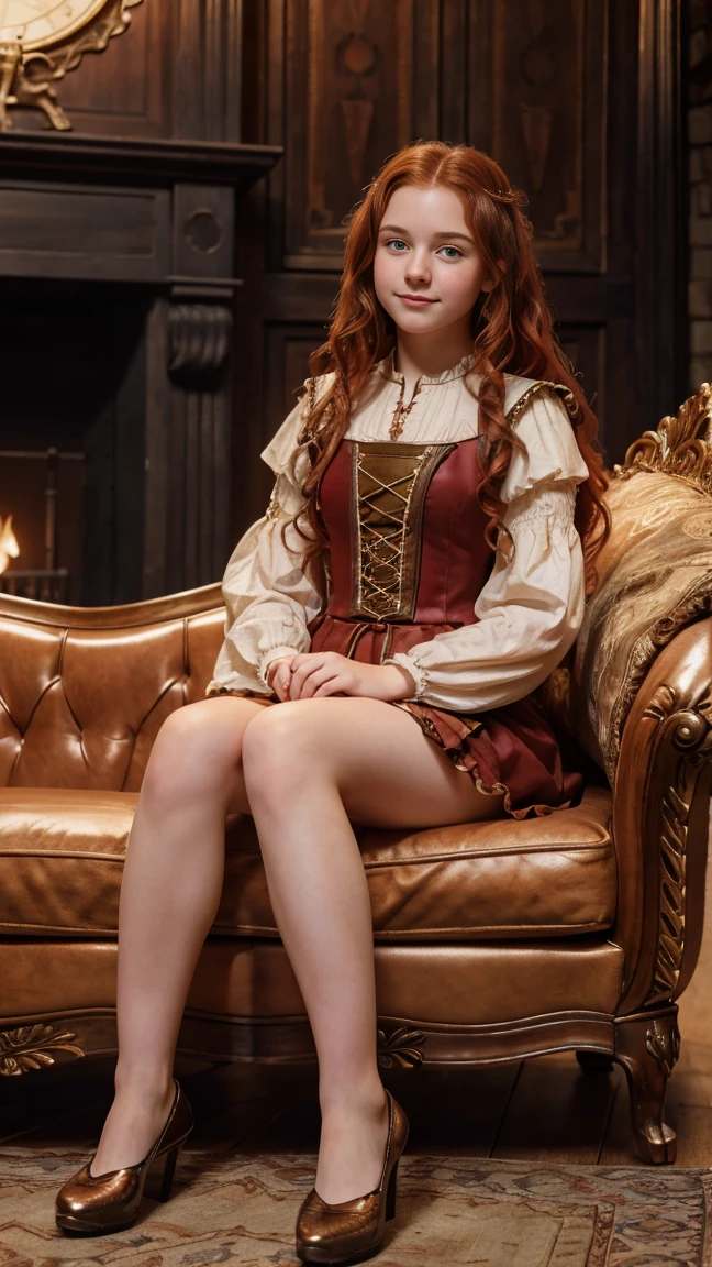 ((  lift full body illustration)),((   high resolution)), ((Univers Steampunk  )), ((pale skin)),   freckles, ((long, wavy red hair  )),  ((18 years))   girl :1.6, ((  Beautiful ****  girl :1.6)),with blue eyes,   cheeks blush  , Smiling, ((Middle Ages )),((Sits on a fine sofa from the Middle Ages)), ((short medieval dress)),((shows her panties)),((Elegant Pose)),((  Masterpiece  )),((cinematic)),((   high resolution))