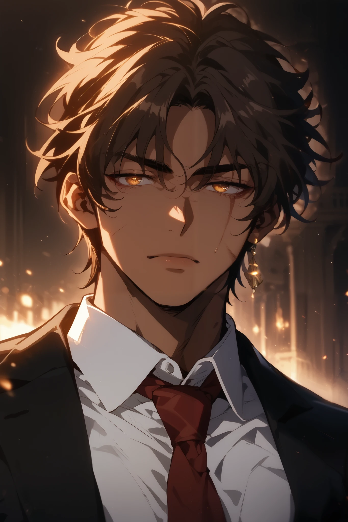 Manhwa-style character, solo male, tanned skin, black overcoat, white shirt, red tie, messy brown hair with split ends, intense amber eyes, serious but reflective expression, elegant and mysterious aura, cinematic lighting, soft reflections on face and hair, minimalist dark background, professional illustration, high-quality anime-inspired artwork.
