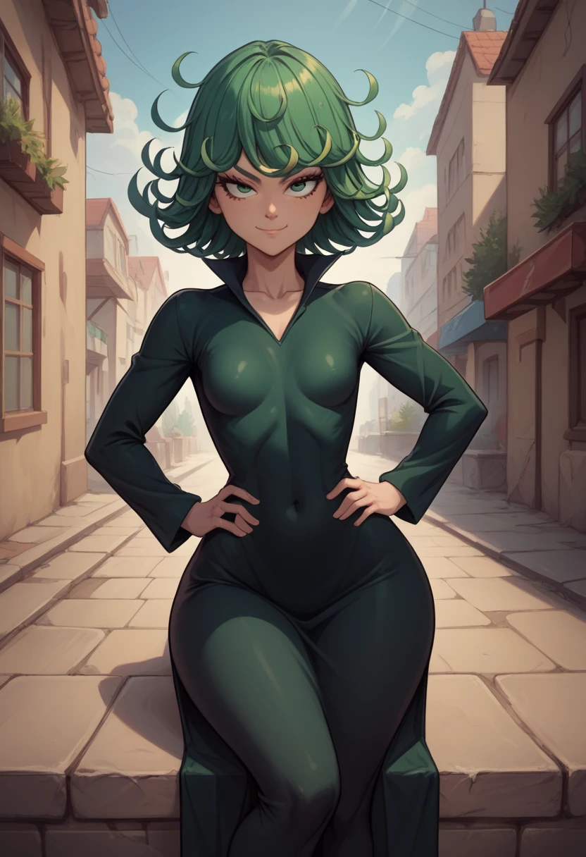 tatsumaki,   short green hair ,  green eyes,  small, saggy breasts , huge hips. wearing a tight black dress with a V-neck ,  long sleeves and four high slits on the legs,  smiling, sitting in a wrecked city ,  dynamic pose , dynamic view, Hands on hip ,
