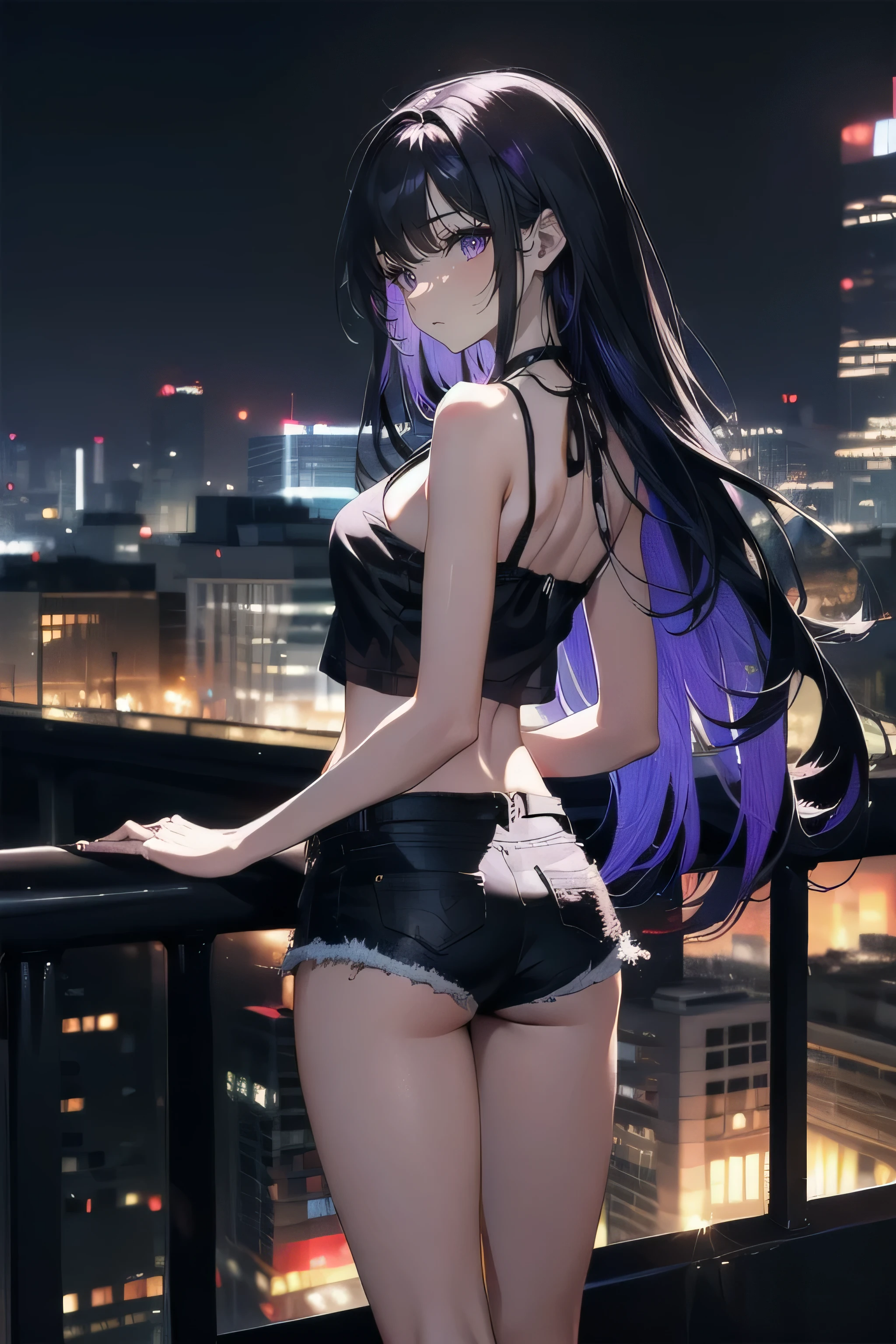 (masterpiece), (best quality), ultra detailed, finely detailed color, cenematic painting, bishoujo, model, ((one lady)), ager, cute face, black hair, absurdly long hair, straight hair, back view, standing, chocker, ((black camisole)), sleeveless, bare legs, short jeans, slender body, small chest, (violet eyes:1.2), purple eyes, expressionless, urban, rooftop, city, night