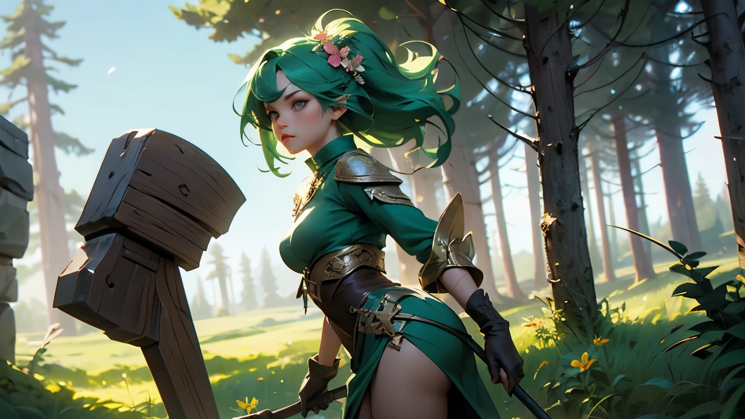  create the description for Pc :  female druid, new, Beautiful body ,  big breasts,  without clothes, Only gloves with details in runes ,   green hair with several flowers and small fruits attached,  eyes of different colors each ,  wallpaper holding a staff with a small smoking green stone , European boreal forest background , according to the following format :  side camera view of the Main Object,  Action or Position , full scene,  Location or Background ,  Main Object Description , Description of the place,  Main Object Model or Style , Viewing angle,  Artistic Style  ( The Art Style must always be : realistic 8K style ) 