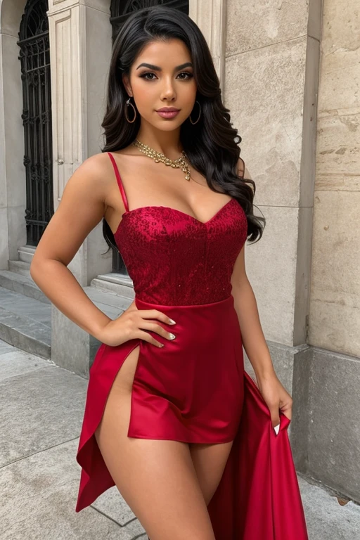 Image in 8k or higher of a beautiful Spanish brunette with curly black hair full body ,warm smile with beautiful red lipstick.cinematic light,vestido ajustado rojo sexy, atractiva, sentada en un anden con piernas cruzadas, atractivas piernas .(sol,al fondo una calle de Sevilla hiperdetallada), falda corta de color rojo