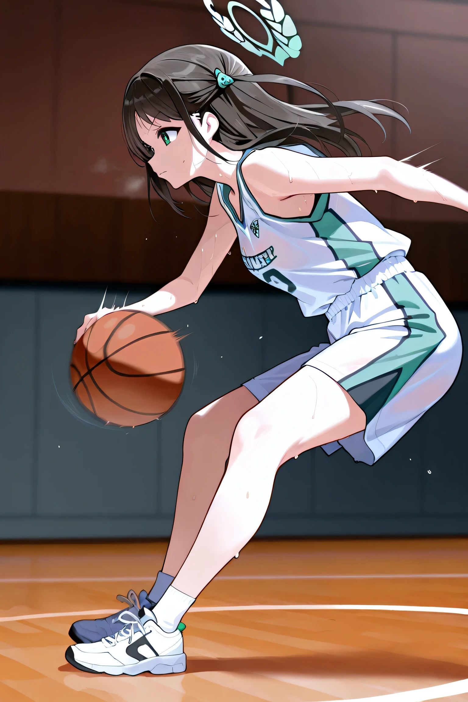 1girl, masterpiece, airi \(blue archive\),green eyes,black hair,long hair,hair ornament,halo, long legs, determined face, basketball uniform, playing basketball, shooting, sweat, from side, full body, motion blur