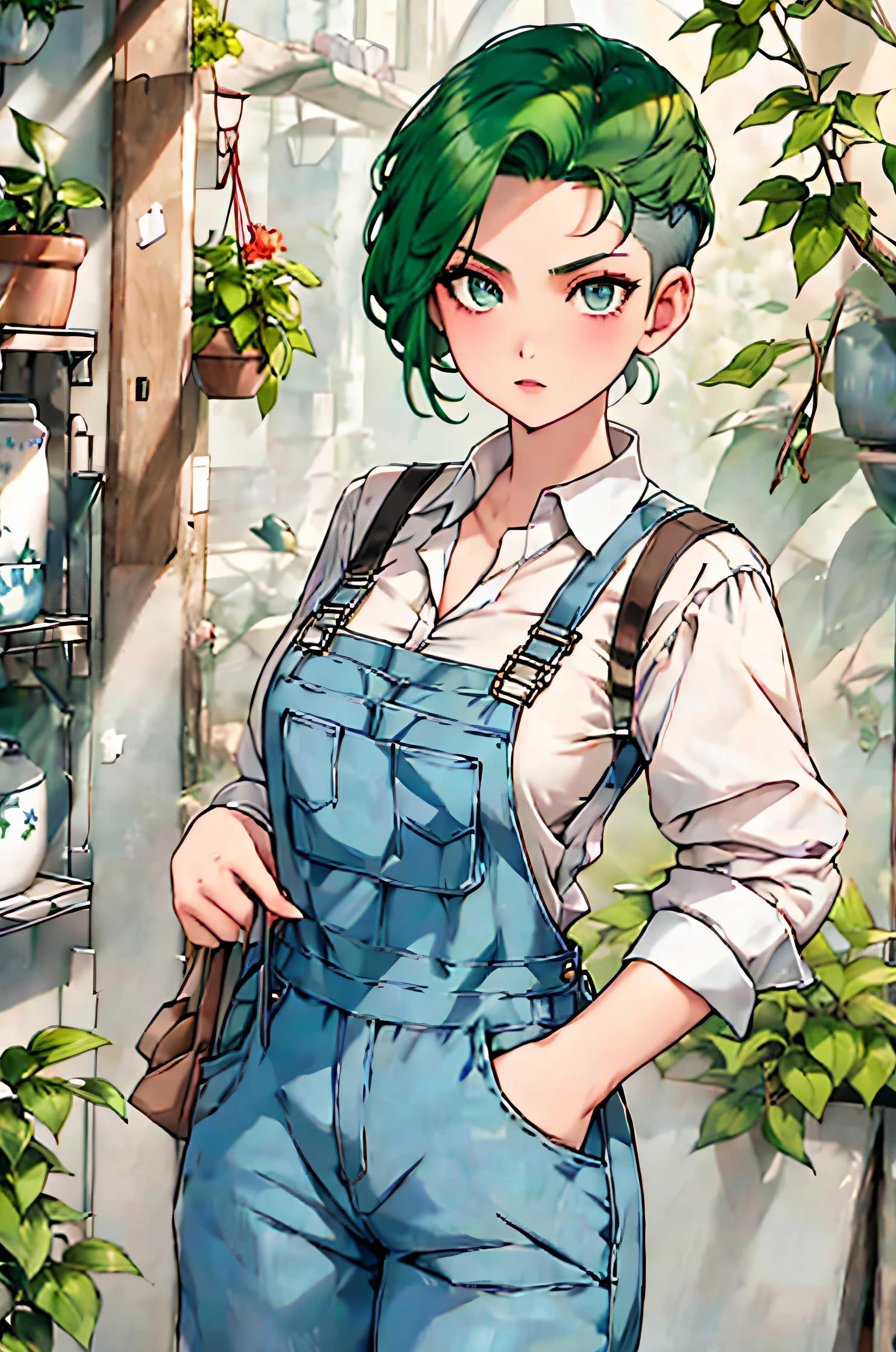 Solo, 1girl, High Resolution, looking at Viewer, Dark Green Hair, Side Swept to the Right Hair Shaved Under cut, Light Grey Eyes, Dark Blue Overalls, Renaissance fair cosplay shirt underneath Overalls, Renaissance fair cosplay shirt, Renaissance fair cosplay tunic with tie up collar,