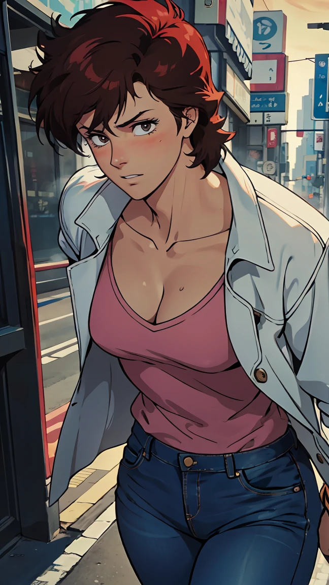 ((Masterpiece, highest quality; 1.3)), super quality, beautiful detail, super detailed, extra fine, 16K, exquisite, absurd, high resolution, beautiful background, detailed background, beautiful eyes, beautiful skin, anime style, Kaori seduces the viewer sexily in a busy street at night, (She is wearing a white denim jacket over a pink shirt.), Blue jeans pants), (Face focus, Close up), Kaori, 1 girl, Alone, 27 years old, (Cheeky pose), Female whole body, Full figure, Angry, Blushing, Ecstatic expression, Erotic, Attractive, Charm, (Slender body of a muscular woman, Collarbone, Beautiful large breasts, Covered nipples, Beautifully chiseled abs, Beautiful long legs), Cleavage, Perfect anatomy BREAK Blue jeans pants BREAK White denim jacket BREAK Pink shirt, Sweaty, It's hard to breathe, Steam, Looking at the viewer, (Detailed Tokyo Shinjuku cityscape), Manga Line Art style, (Dramatic Shadows, Finely delineated, Dramatic angle), Hyper Detail, perfect quality, good quality, masterpiece, high resolution, ultra high resolution, cinematic lighting, chiaroscuro, sunset lighting, deep shadows, backlighting, deep focus, sharp focus,