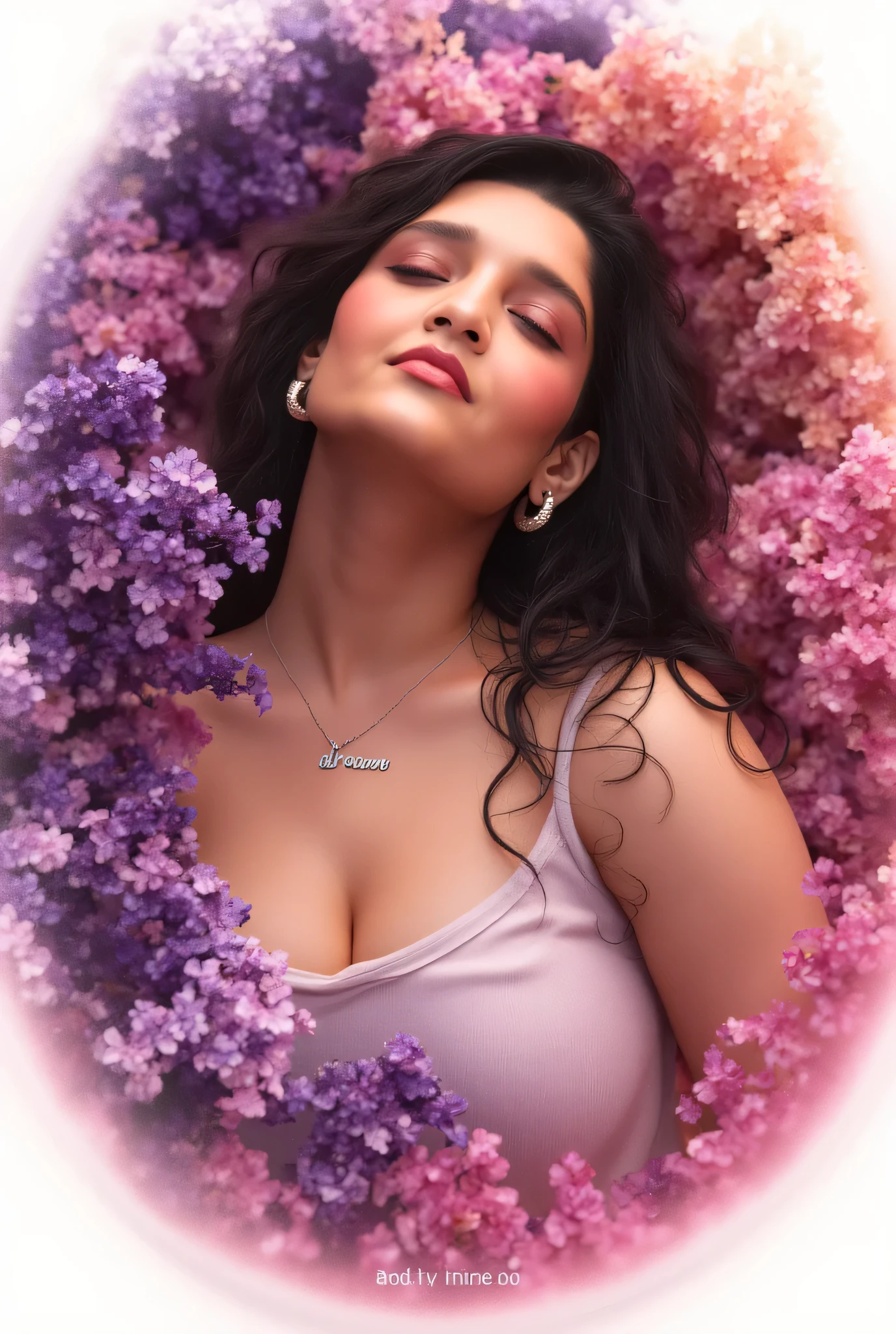 Design a palette knife painting of a woman in a dreamy pose, surrounded by a vibrant circular background of swirling pinks, purples, and oranges. The dynamic, colorful strokes evoke a sense of fluidity and grace. The word 'Dream' is delicately embedded within the circle, symbolizing the endless possibilities of imagination. 'AI Indie' signature is softly placed at the bottom."
