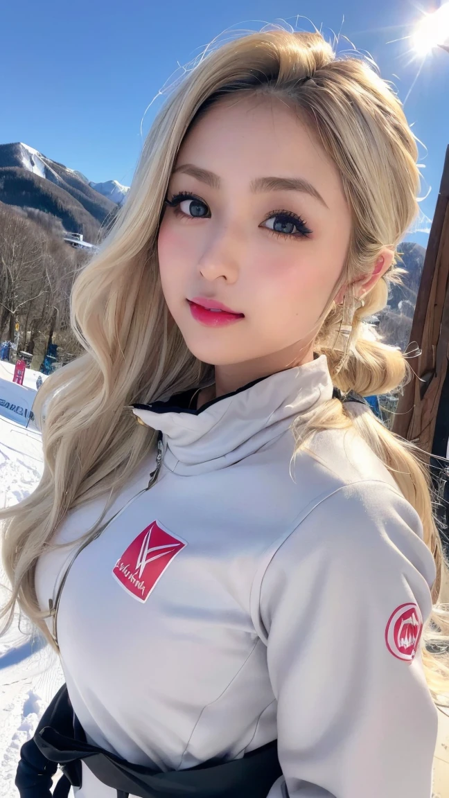 (masterpiece:1.4)、(highest quality:1.4)、
1 girl, Bewitching Grid Girl, blonde long hair, looking at the viewer, solo ,realistic,(shiny skin),(masterpiece:1.4),(highest quality:1.4),red lips,racing venue