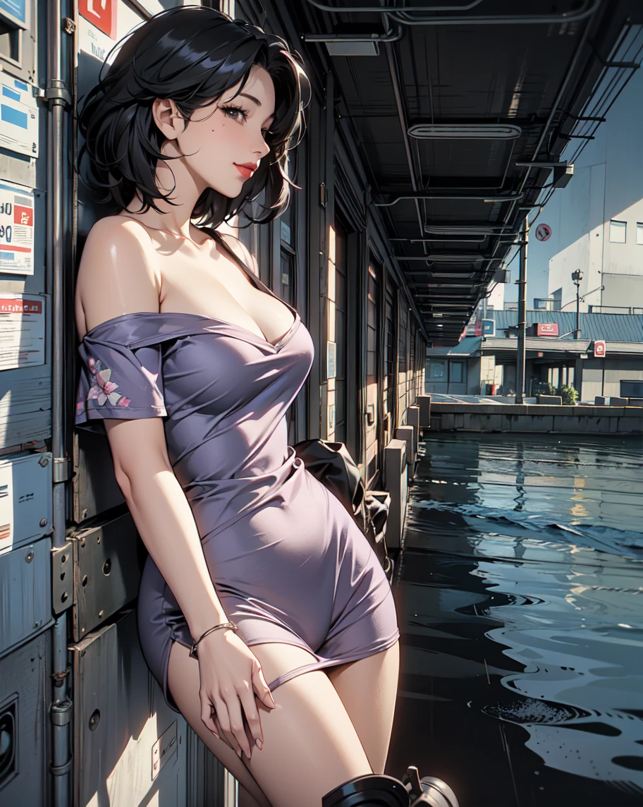 (best quality, 8K, masterpiece:1.3), pretty Woman, 1 girl, beautiful face, (Sexy), Dark blue hair, blunt bangs short hair, stylish skirt, Ultra-detailed face, Detailed lips, super detailed eyes, double eyelids, long upper eyelashes, Soft skin, HD skin, Mediterranean, Vacation Homes, pier, seaside, Water Street, 8k, Super detailed, best quality detail, retina, Ultra-high resolution, masterpiece, ccurate