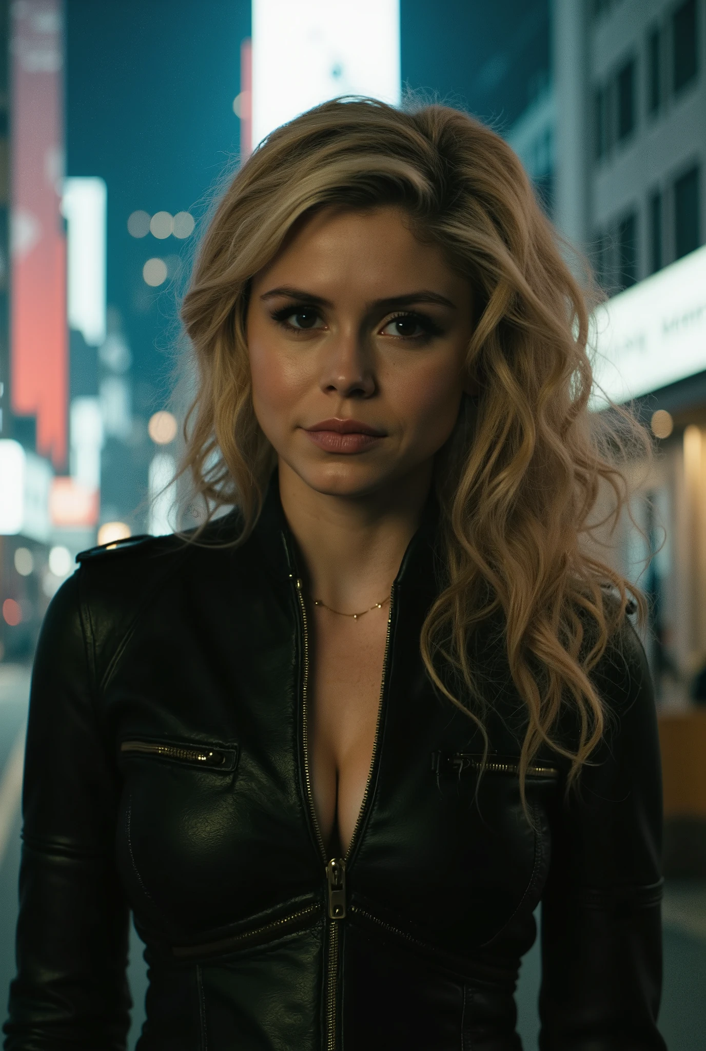 woman, blonde hair, leather jacket, city centre.