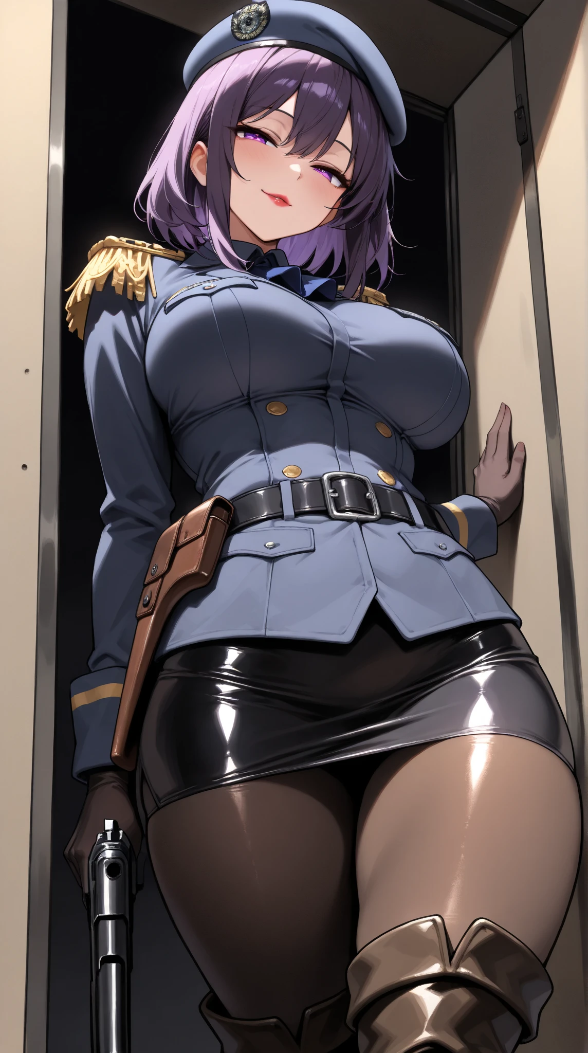  challenging a shooting stall ,(masterpiece, best quality , very detailed depiction, Incredibly Absurd High Resolution ,Curvaceous Body,High quality anime drawings),(female cavalry officer , epaulettes holding a shooting gun, tight skirt , bodystocking,Beret, black tights, boots),( brown skin next to a woman:1.3, purple eyes, half-closed eyes,Glossy lipstick, for a slender figure,Beautiful legs,Beautiful thighs,High quality skin),( bewitching smile,Seductive gestures), cowboy shot ,Dim atmosphere,Illuminated by light, view from below