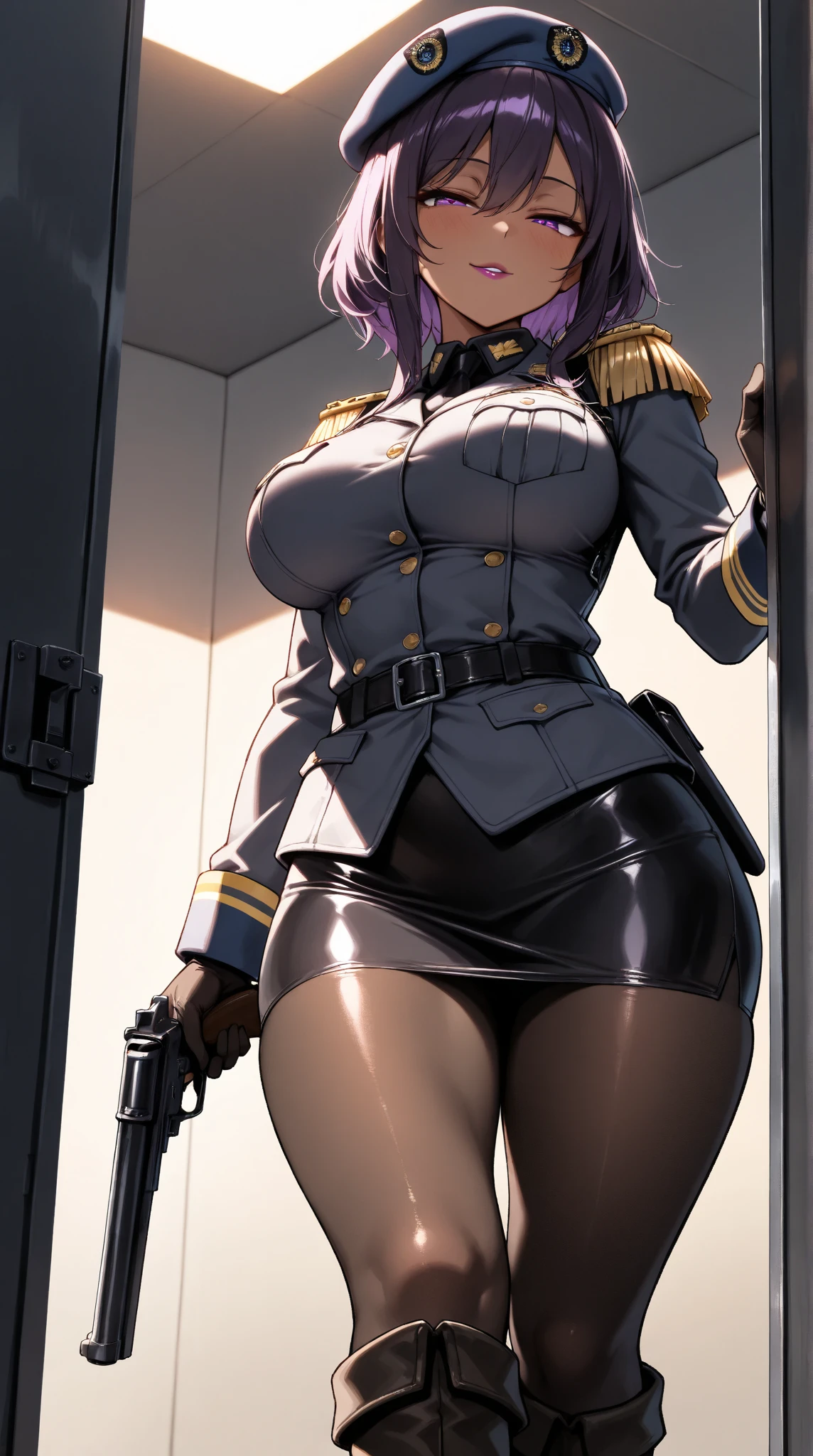  challenging a shooting stall ,(masterpiece, best quality , very detailed depiction, Incredibly Absurd High Resolution ,Curvaceous Body,High quality anime drawings),(female cavalry officer , epaulettes holding a shooting gun, tight skirt , bodystocking,Beret, black tights, boots),( brown skin next to a woman:1.3, purple eyes, half-closed eyes,Glossy lipstick, for a slender figure,Beautiful legs,Beautiful thighs,High quality skin),( bewitching smile,Seductive gestures), cowboy shot ,Dim atmosphere,Illuminated by light, view from below