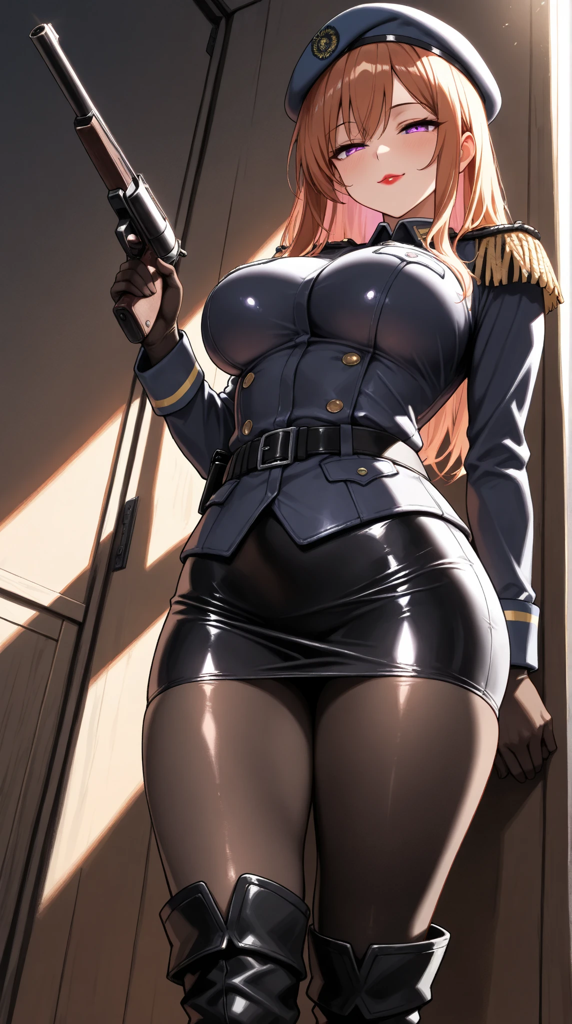  challenging a shooting stall ,(masterpiece, best quality , very detailed depiction, Incredibly Absurd High Resolution ,Curvaceous Body,High quality anime drawings),(female cavalry officer , epaulettes holding a shooting gun, tight skirt , bodystocking,Beret, black tights, boots),( brown skin next to a woman:1.3, purple eyes, half-closed eyes,Glossy lipstick, for a slender figure,Beautiful legs,Beautiful thighs,High quality skin),( bewitching smile,Seductive gestures), cowboy shot ,Dim atmosphere,Illuminated by light, view from below