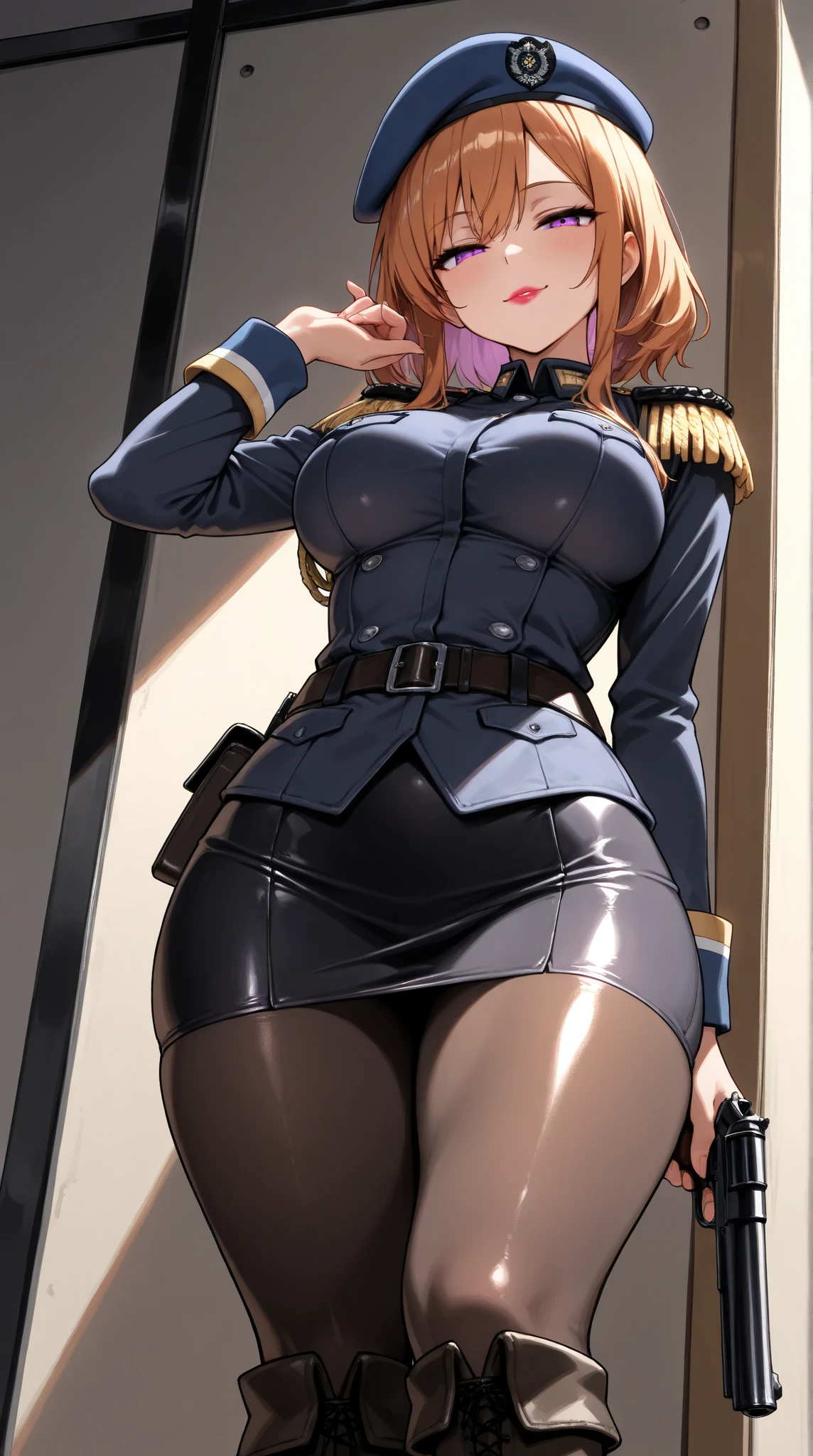  challenging a shooting stall ,(masterpiece, best quality , very detailed depiction, Incredibly Absurd High Resolution ,Curvaceous Body,High quality anime drawings),(female cavalry officer , epaulettes holding a shooting gun, tight skirt , bodystocking,Beret, black tights, boots),( brown skin next to a woman:1.3, purple eyes, half-closed eyes,Glossy lipstick, for a slender figure,Beautiful legs,Beautiful thighs,High quality skin),( bewitching smile,Seductive gestures), cowboy shot ,Dim atmosphere,Illuminated by light, view from below