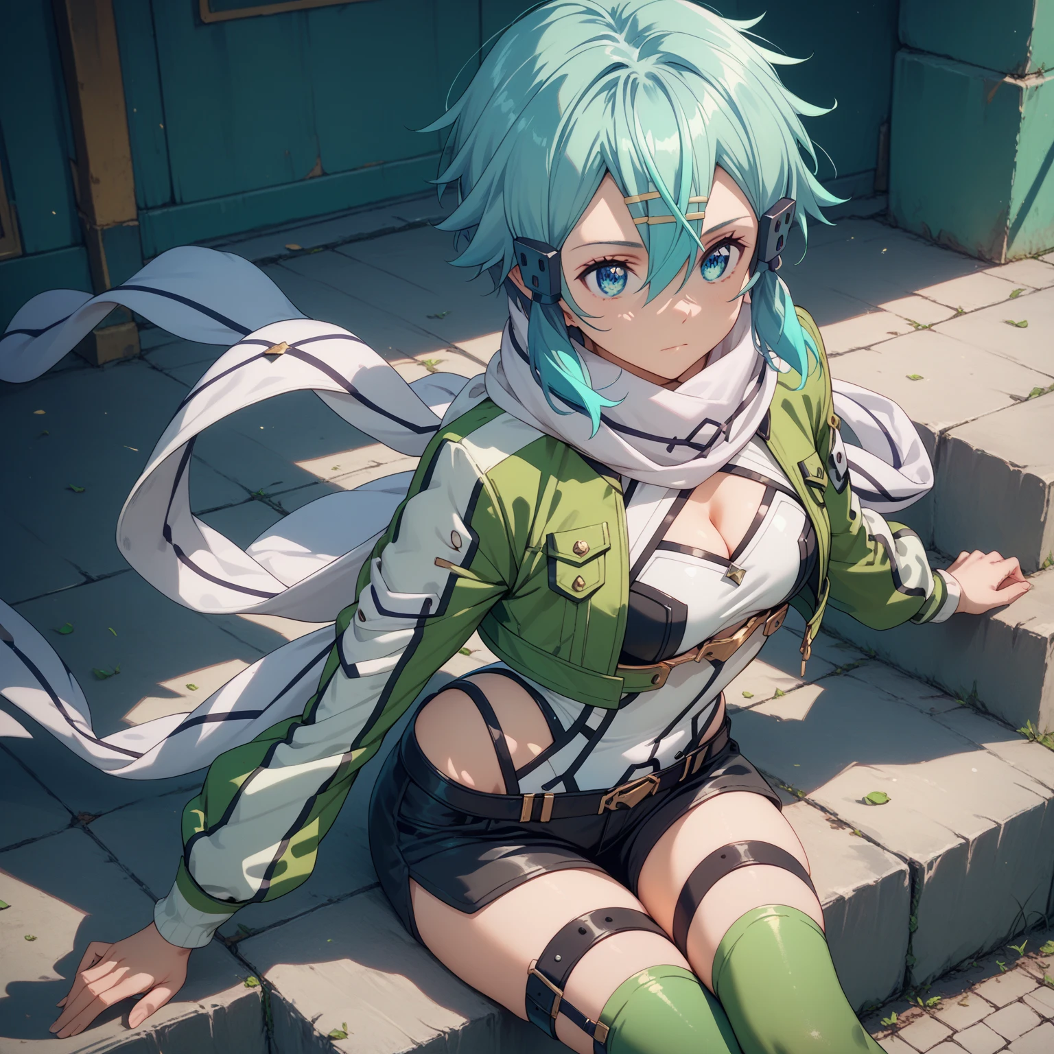 shino asada, hair between eyes, short hair, sidelocks, blue eyes, aqua hair, hair clip, hair ornament, green jacket, cropped jacket, white leotard, thigh strap, black shorts, green thighhighs,cleavage cutout, scarf