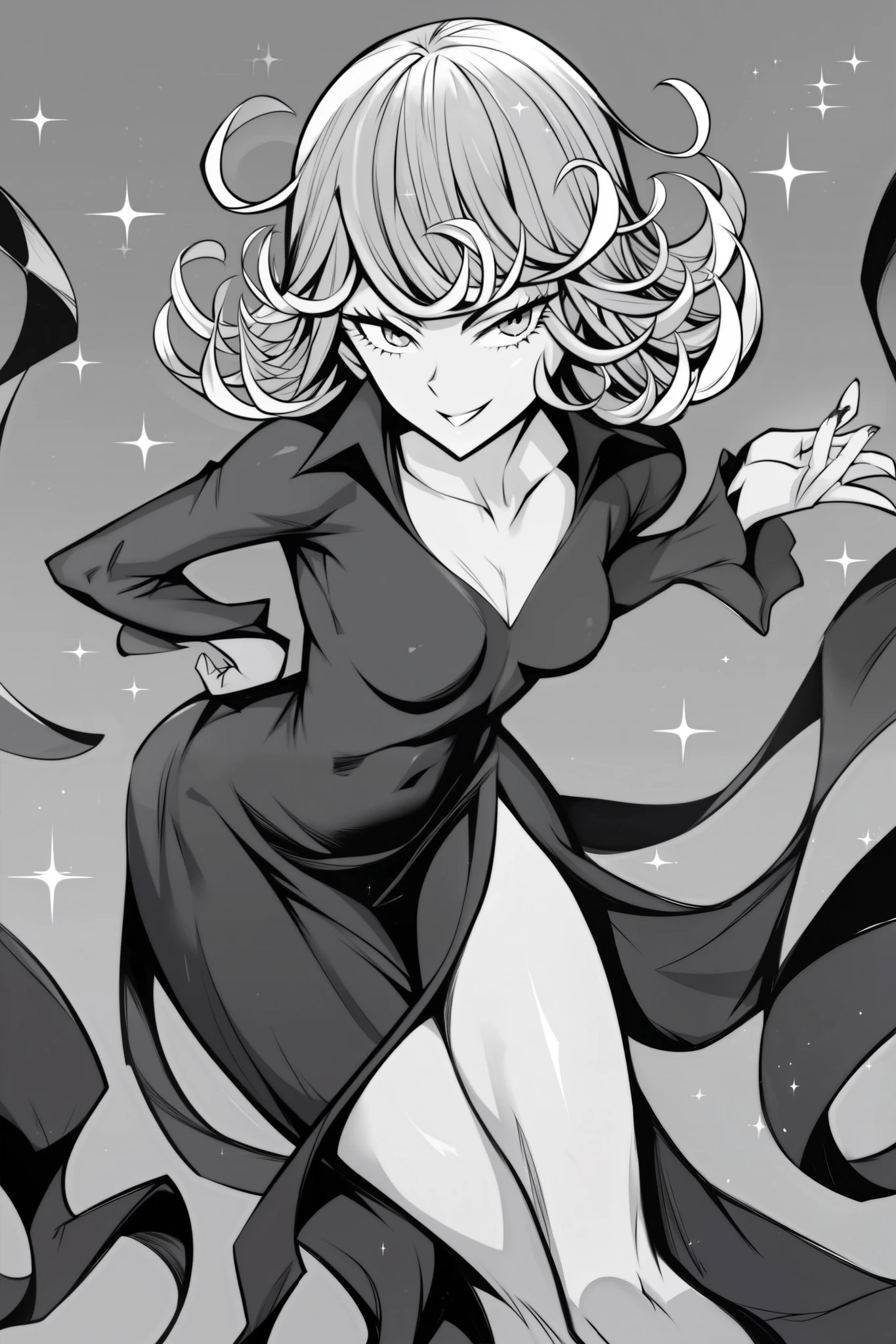 High resolution, Super detailed, Tatsumaki Tornado, Short green hair, Curly Hair, Black Dress, Long sleeve, Outdoor,moonlight,night、 From below、Sticking out your butt、Look back sideways、Put one hand on your hip、sexy、((Focus on the butt))