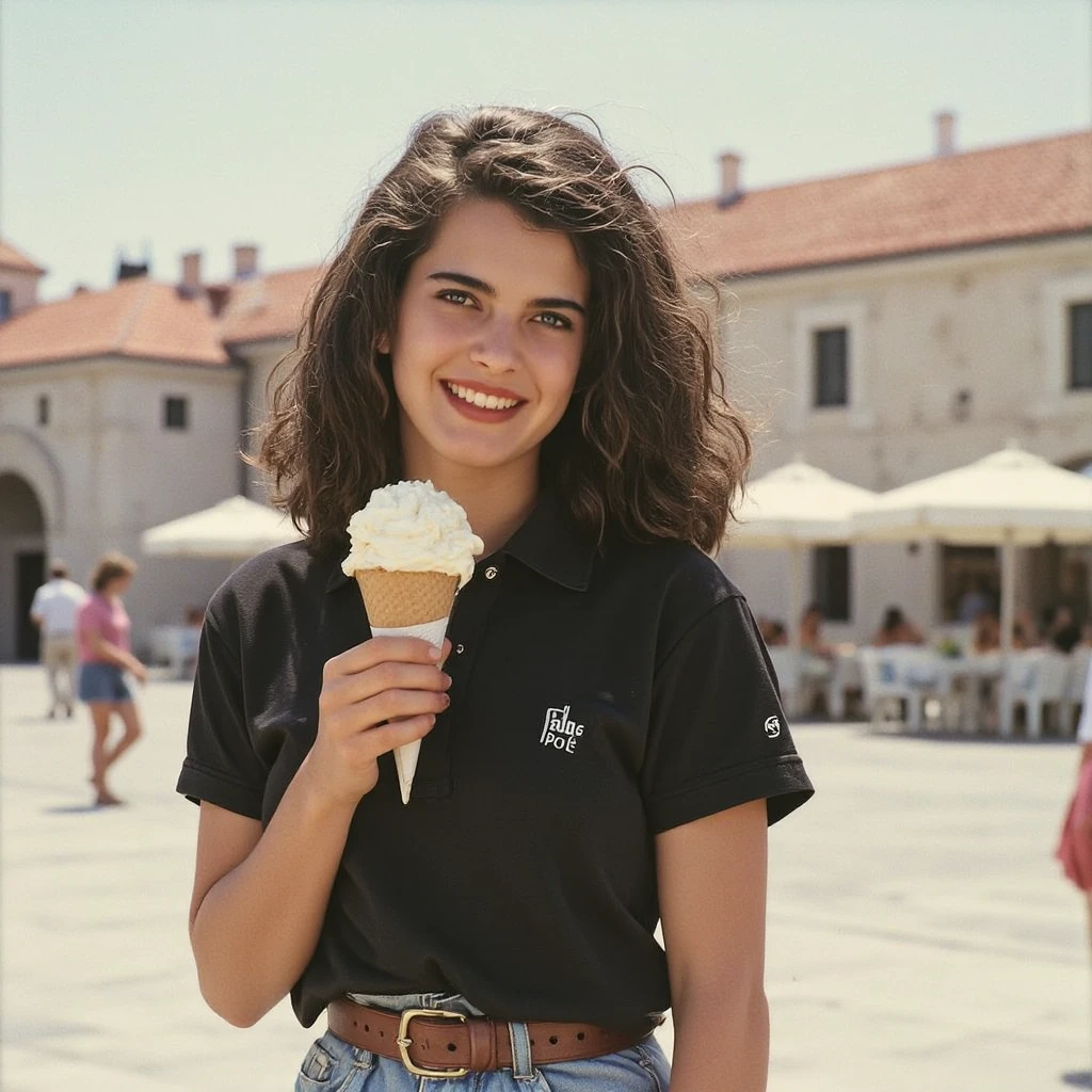 A polaroid photograph of a beautiful young Italian teenager, , smiling, upturned nose, straight long hair, dressed in a black Polo-shirt and denim jeans is licking an icecream on a square in Dubrovnik, Croatia, in the early 1980s, photorealistic, 1girl, bokeh, high quality, detailed features, photo-realistic, realistic, 4k, 8k, highres, indirect gaze, Polaroid, cinematic photo, photo from a family album, beautiful hyperrealism hyperdetailed, dressed in clothes