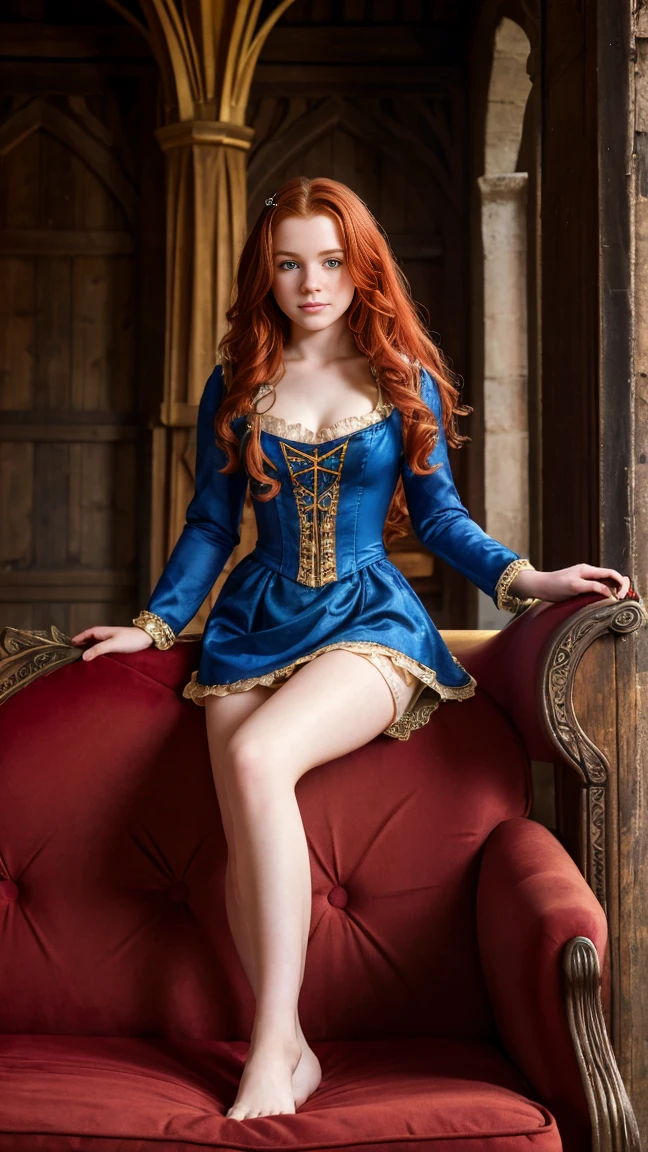 ((  full body illustration)),((   high resolution)), ((Univers Steampunk  )), ((pale skin)),   freckles, ((long, wavy red hair  )),  ((18 years))   girl :1.6, ((  Beautiful   girl :1.6)),with blue eyes,   cheeks blush  , Smiling, ((Middle Ages )),((Sits on a fine sofa from the Middle Ages)), ((short medieval dress)),((shows her panties)),((Elegant Pose)),((  Masterpiece  )),((cinematic)),((   high resolution)),((from below))