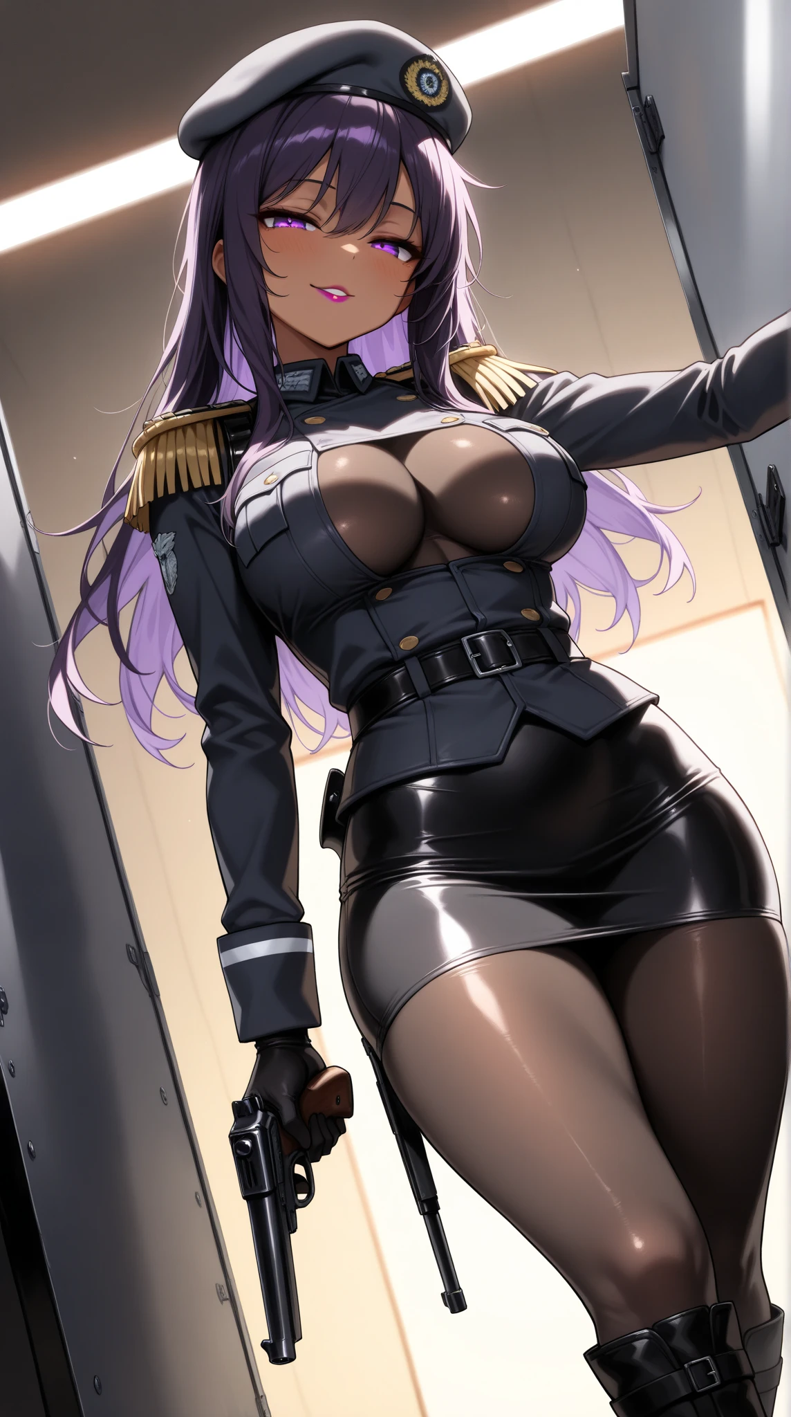  challenging a shooting stall ,(masterpiece, best quality , very detailed depiction, Incredibly Absurd High Resolution ,Curvaceous Body,High quality anime drawings),(female cavalry officer , epaulettes holding a shooting gun, tight skirt , bodystocking,Beret, black tights, boots),( brown skin next to a woman:1.3, purple eyes, half-closed eyes,Glossy lipstick, for a slender figure,Beautiful legs,Beautiful thighs,High quality skin),( bewitching smile,Seductive gestures), cowboy shot ,Dim atmosphere,Illuminated by light, view from below