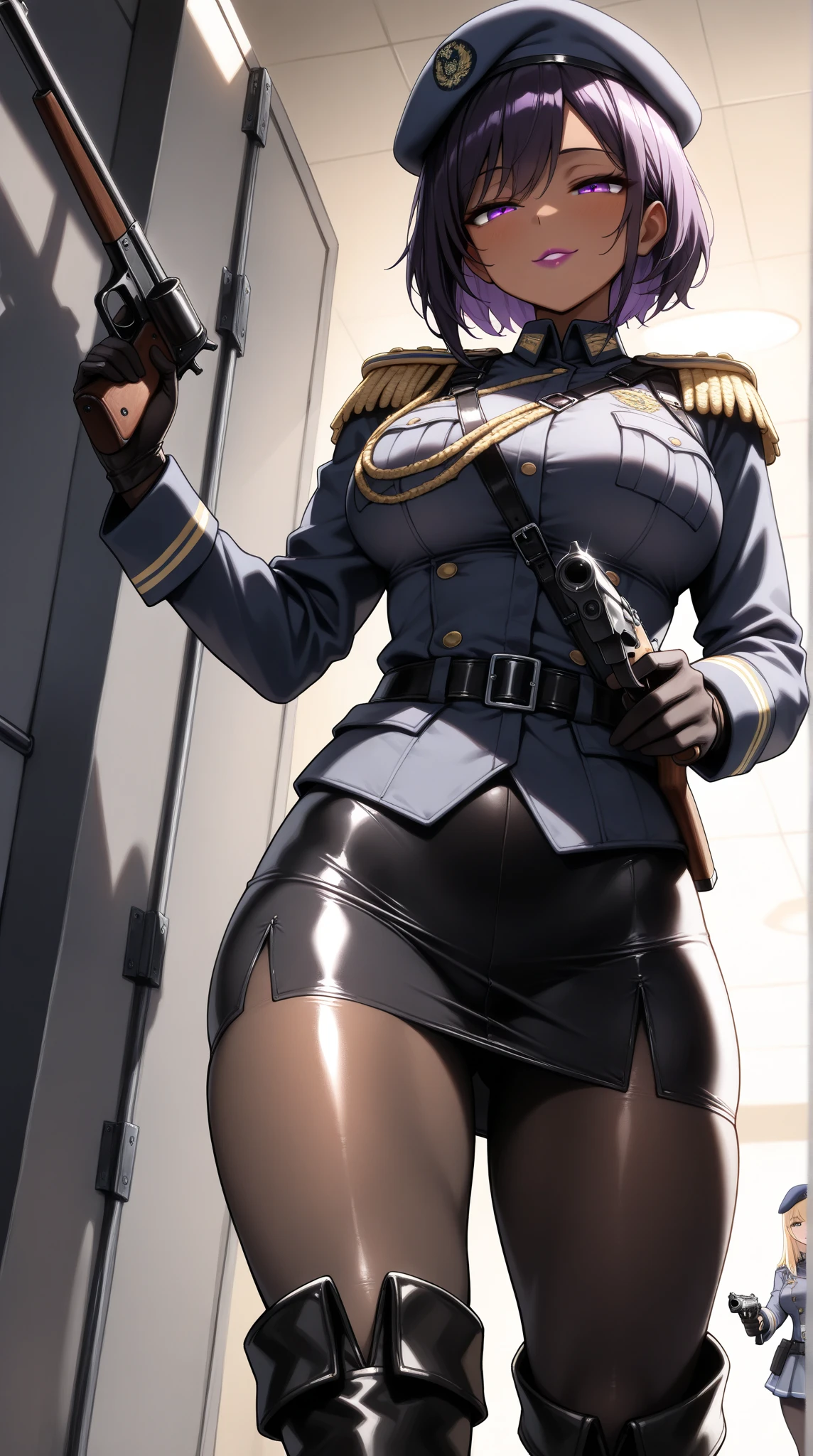  challenging a shooting stall ,(masterpiece, best quality , very detailed depiction, Incredibly Absurd High Resolution ,Curvaceous Body,High quality anime drawings),(female cavalry officer , epaulettes holding a shooting gun, tight skirt , bodystocking,Beret, black tights, boots),( brown skin next to a woman:1.3, purple eyes, half-closed eyes,Glossy lipstick, for a slender figure,Beautiful legs,Beautiful thighs,High quality skin),( bewitching smile,Seductive gestures), cowboy shot ,Dim atmosphere,Illuminated by light, view from below