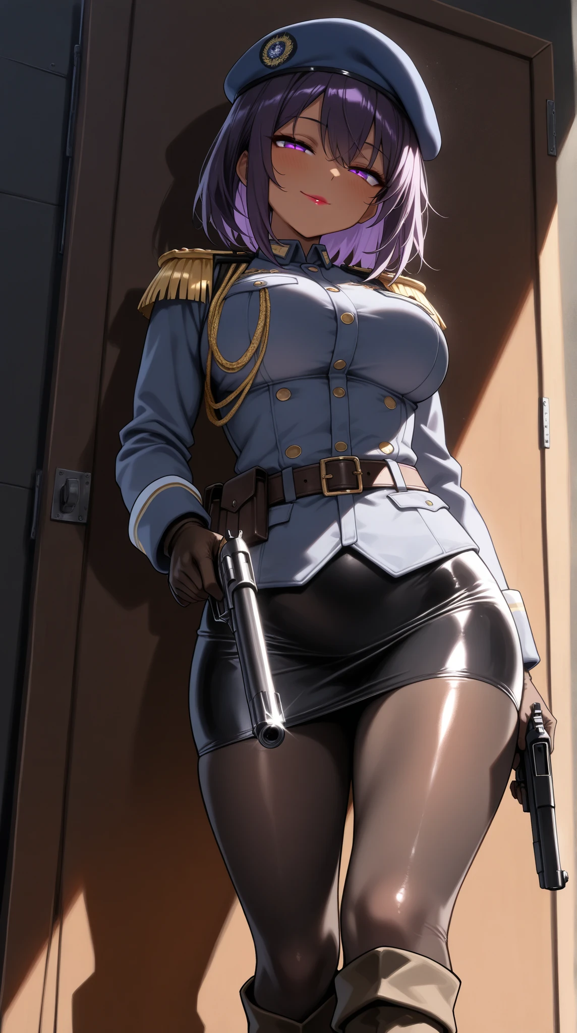  challenging a shooting stall ,(masterpiece, best quality , very detailed depiction, Incredibly Absurd High Resolution ,Curvaceous Body,High quality anime drawings),(female cavalry officer , epaulettes holding a shooting gun, tight skirt , bodystocking,Beret, black tights, boots),( brown skin next to a woman:1.3, purple eyes, half-closed eyes,Glossy lipstick, for a slender figure,Beautiful legs,Beautiful thighs,High quality skin),( bewitching smile,Seductive gestures), cowboy shot ,Dim atmosphere,Illuminated by light, view from below