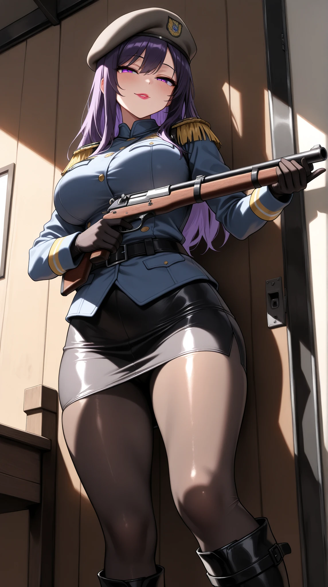  challenging a shooting stall ,(masterpiece, best quality , very detailed depiction, Incredibly Absurd High Resolution ,Curvaceous Body,High quality anime drawings),(female cavalry officer , epaulettes holding a shooting gun, tight skirt , bodystocking,Beret, black tights, boots),( brown skin next to a woman:1.3, purple eyes, half-closed eyes,Glossy lipstick, for a slender figure,Beautiful legs,Beautiful thighs,High quality skin),( bewitching smile,Seductive gestures), cowboy shot ,Dim atmosphere,Illuminated by light, view from below