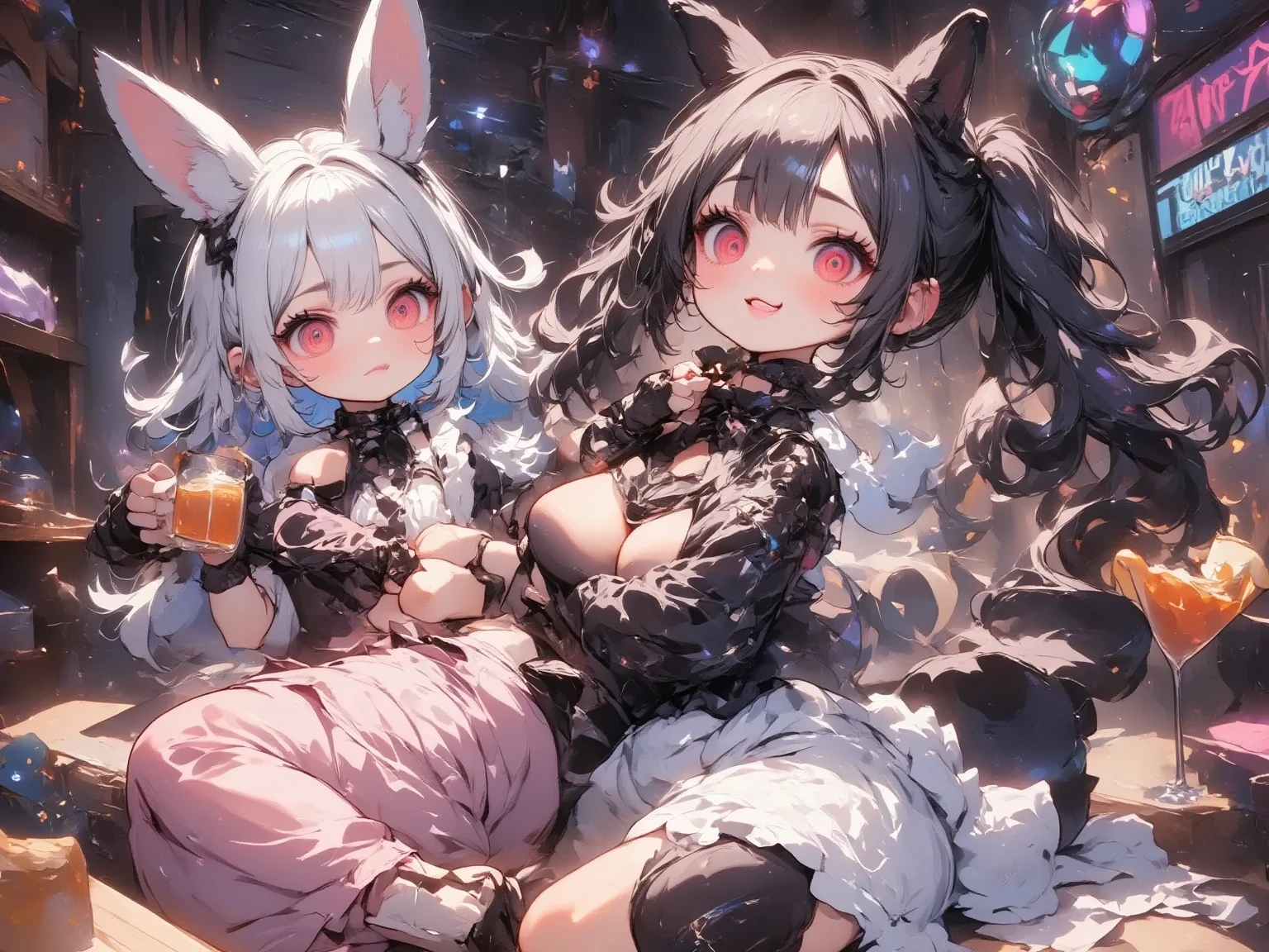 Cat ear girl,Cat's Tail,Blonde,,Red Dress,Long skirt,An attractive dress with a wide open back,Red elbow-length gloves,Illuminated by the moonlight,Shy smile,Castle rooftop,A fantastic atmosphere, Fireworks in the night sky, Face illuminated by light, Characters stand out, The background is blurred, The focus is on the characters, Sharp details, Dim light at night