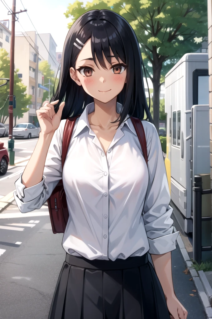 tall body, tall, long legs, mature female, mature, adult, Eft_Nagatoro_Main, nagatoro hayase, 1girl, blush, solo, shirt, black hair, bag, brown eyes, hair ornament, looking at viewer, hairclip, outdoors, backpack, smile, long hair, white shirt, dark-skinned female, dark skin, school uniform, bangs, day, skirt, collared shirt, collarbone, earclip, sleeves rolled up, closed mouth, tree, asymmetrical bangs, upper body