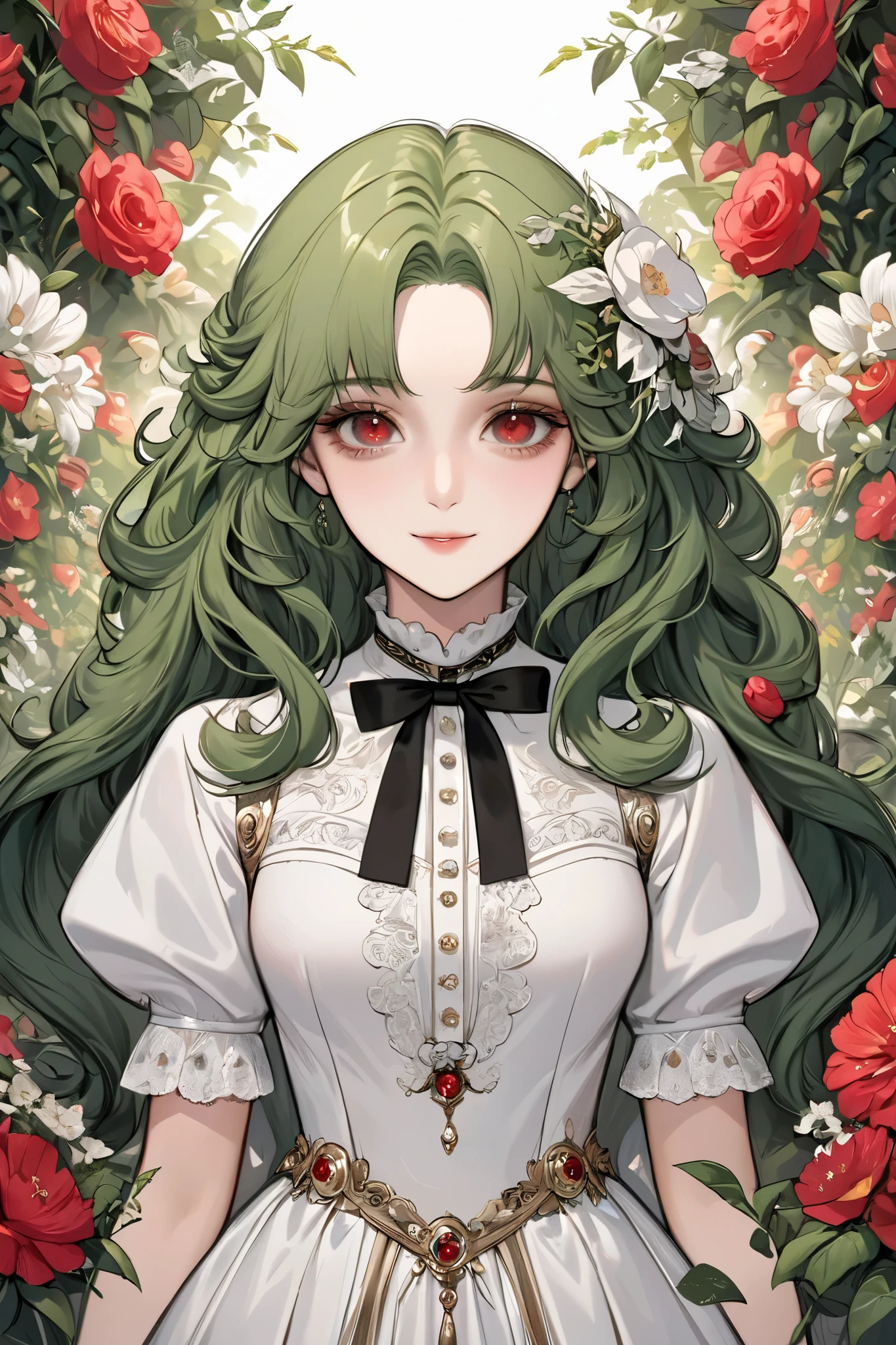 (extreamly delicate and beautiful:1.2), 8K,(masterpiece:1.0),(best_quality:1.0), 1 girl, and intricate detailing, Enlarged textures, and intricate detailing, finely eye and detailed face, and intricate detailing, green long curl hair, (sweet smiley), Perfect eyes, Equal eyes, red eyes (A famale god) with white victorian dress, look at camera, green long HAIR, Red EYES, green long curl HAIR, red EYES, Full body, with white victorian dress, no hairpin, s ago, perfect body, flower garden background
