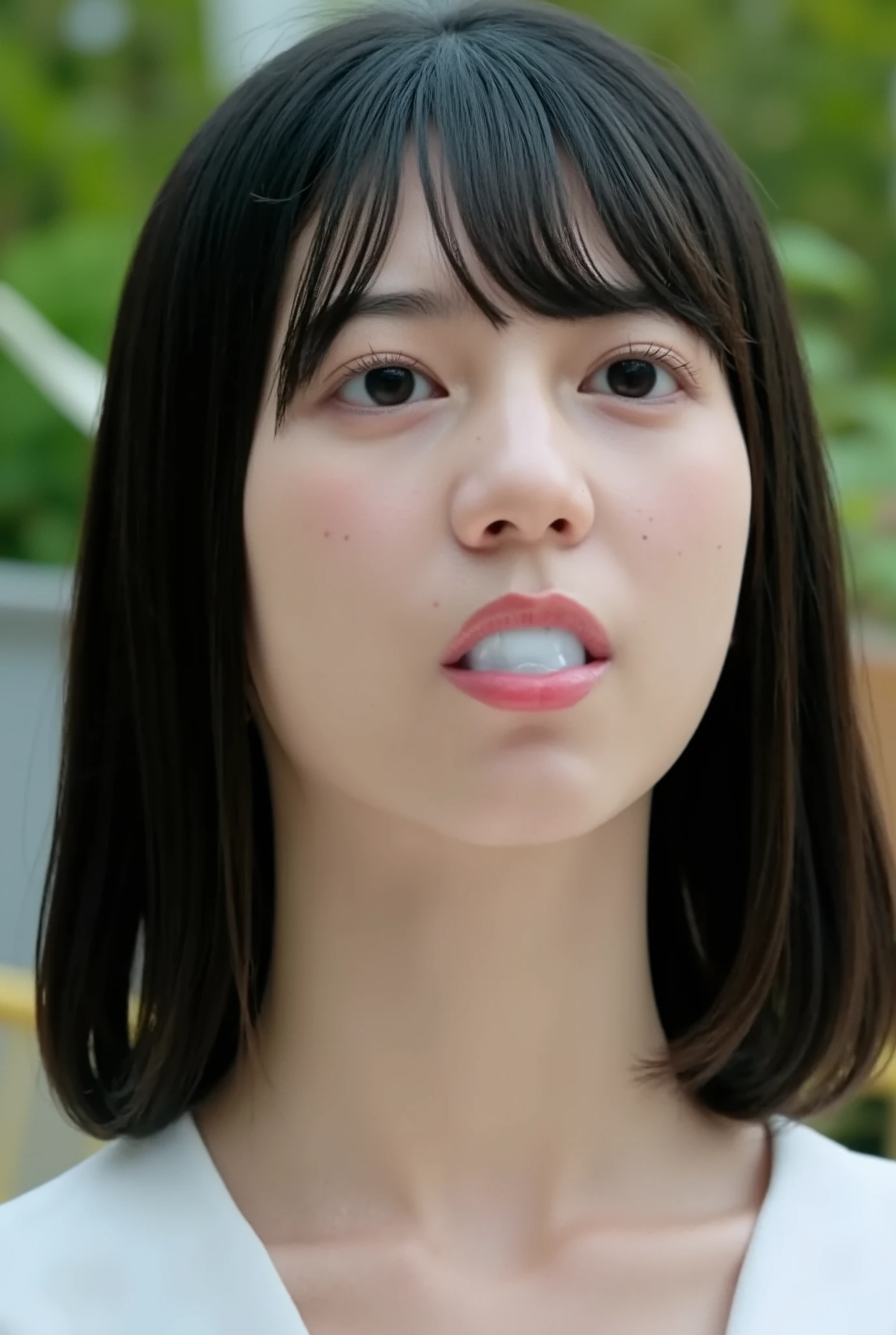 high resolution photograph, photo realistic, masterpiece, amazing quality, intricate details, professional lighting, (a young Japanese woman's disembodied head with neck is placed in a plant-pot without plants on the table), close-up of her head, face focus, black hair with thick blunt bangs, detailed face, detailed eyes, sophisticated nose, (open mouth, cum in mouth), view from front, looking at the viewer, outdoors, daylight, tomak,