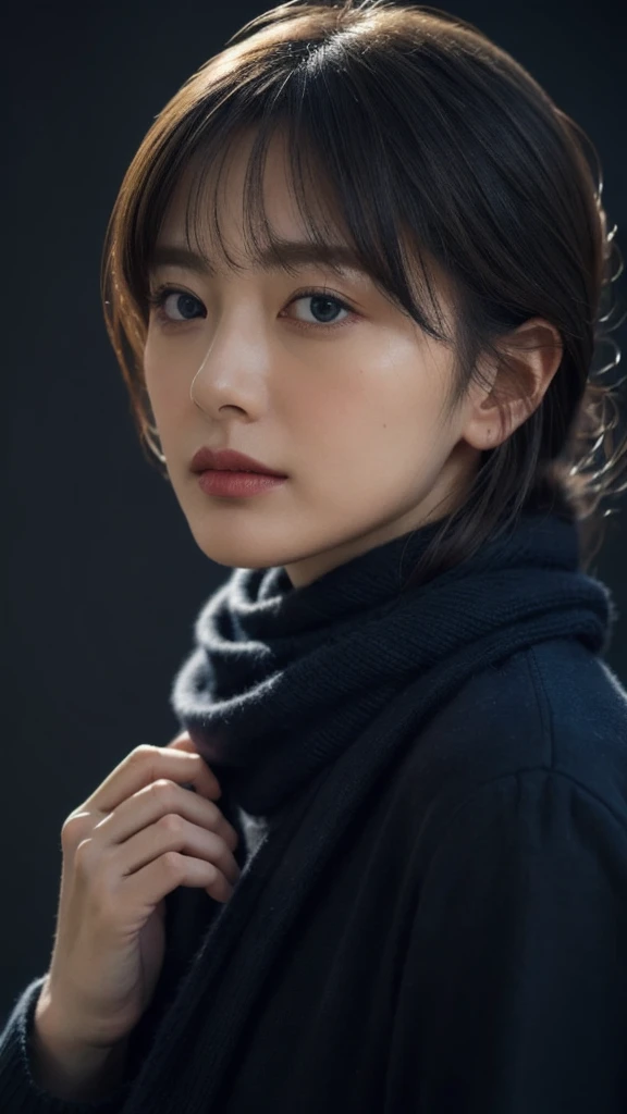 8k,  best quality , Masterpiece,  realistic,  more details, photo  realistic, quality improvement, 
 scarf wrapped in a dark and somber designer style,  in the style of a dark and listless designer, Large chunk, , Calm face,   jagged edges  , navy,  NATURAL BEAUTY ,  close-up shot of Aozora 
