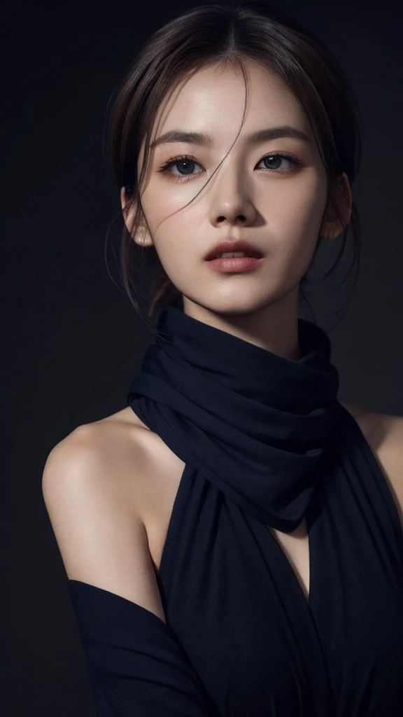 8k,  best quality , Masterpiece,  realistic,  more details, photo  realistic, quality improvement, 
 scarf wrapped in a dark and somber designer style,  in the style of a dark and listless designer, Large chunk, , Calm face,   jagged edges  , navy,  NATURAL BEAUTY ,  close-up shot of Aozora 
