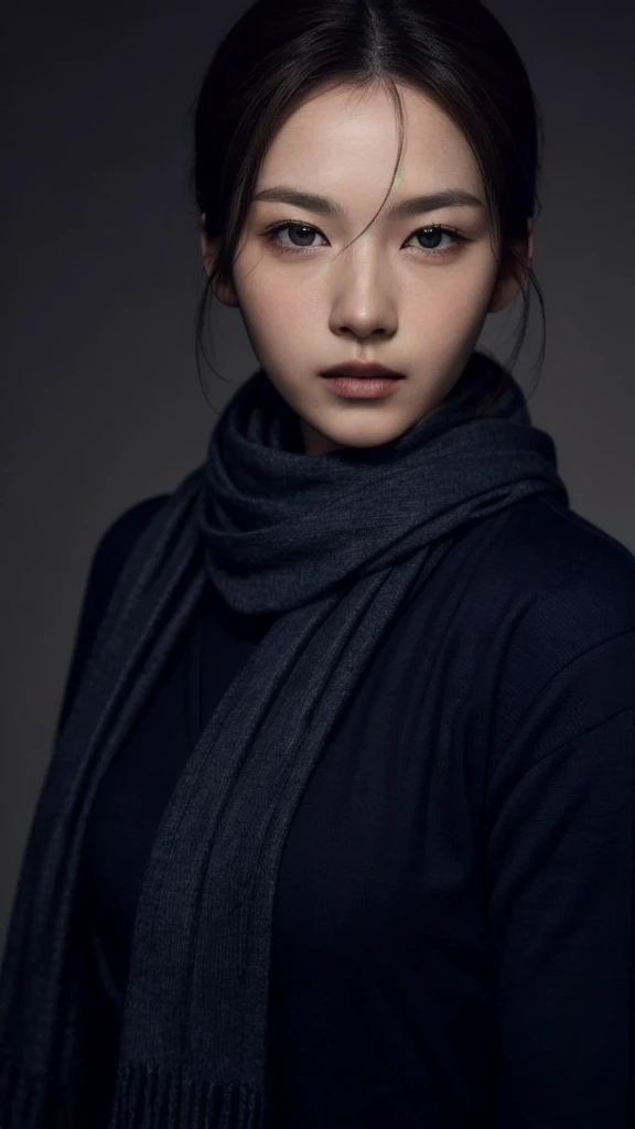 8k,  best quality , Masterpiece,  realistic,  more details, photo  realistic, quality improvement, 
 scarf wrapped in a dark and somber designer style,  in the style of a dark and listless designer, Large chunk, , Calm face,   jagged edges  , navy,  NATURAL BEAUTY ,  close-up shot of Aozora 
