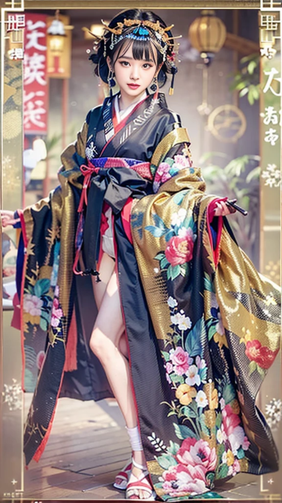 ((masterpiece(:1.4),Highest quality,Ultra-high resolution,Highest quality,8k,Extremely detailed,In detail))。night,Japanese,(A beautiful woman),glossy,slim,Large Breasts(1.6),sexy,glamorous,((Golden Ratio Style,Perfect Style)),Narrow waist,Flashy gal makeup,Japanese garden,Oiran,Prostitute,Sunny day outfit,Uchikake,Gold brocade,((A gorgeous kimono)),A cutting board belt tied in front,Hair tying,hairpin,hair ornaments,Gorgeous costumes,Beautiful standing posture,Presence,Exude sex appeal,looking at the camera,Show off your style,