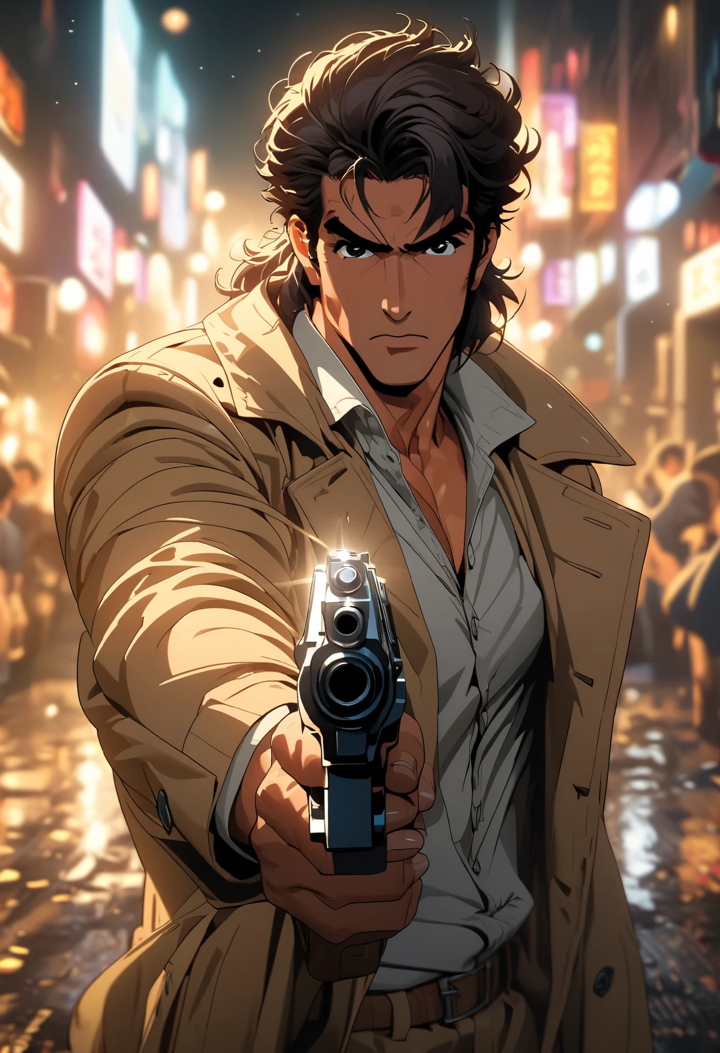 Comic city hunter style,30 year old handsome man,Beige long trench coat,Point a pistol at me,open fire,colorful,Japanese cartoonist Tsukasa Hojo's style,depth of field,White background,OC renderer,Movie lighting,Super fine,Super detailed,complex,cinematic perspective,CG art,