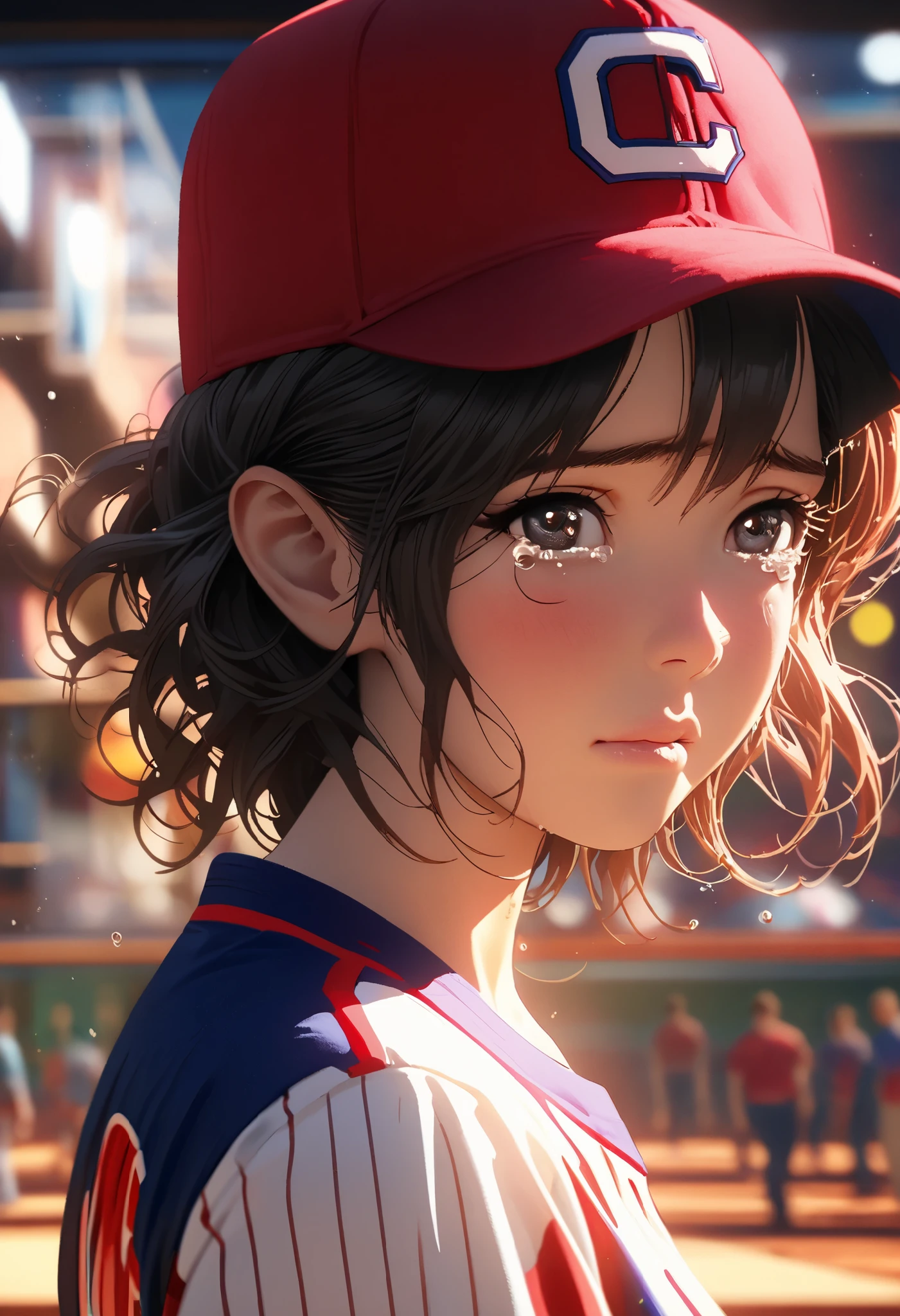 Comic city hunter style,18 year old beautiful girl,playground,baseball uniform,baseball cap,short hair,Wronged,cry,The tears kept flowing,close up,portrait,colorful,Japanese cartoonist Tsukasa Hojo's style,depth of field,OC renderer,Movie lighting,Super fine,Super detailed,complex,cinematic perspective,CG art,