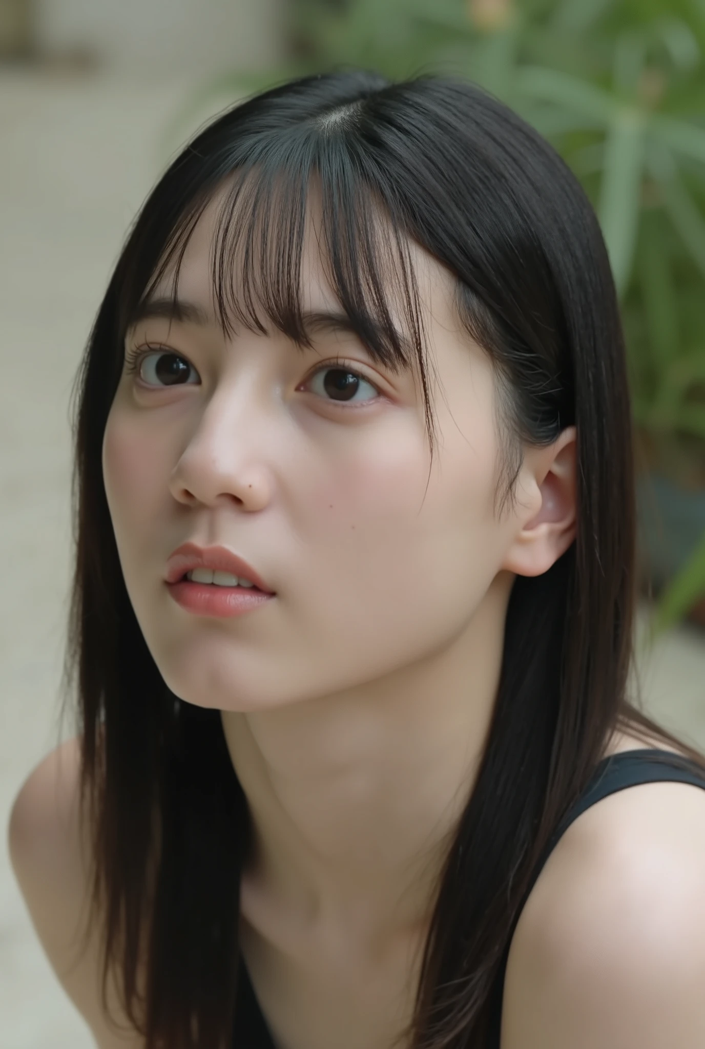 (The high resolution photograph of a young Japanese woman's disembodied head in a plant-pot without plants on the table), photo realistic, masterpiece, amazing quality, intricate details, professional lighting, close-up of her head, face focus, black hair with thick blunt bangs, detailed face, detailed eyes, sophisticated nose, (open mouth, cum in mouth), profile, view from above, looking up at the viewer, outdoors, daylight, tomak,